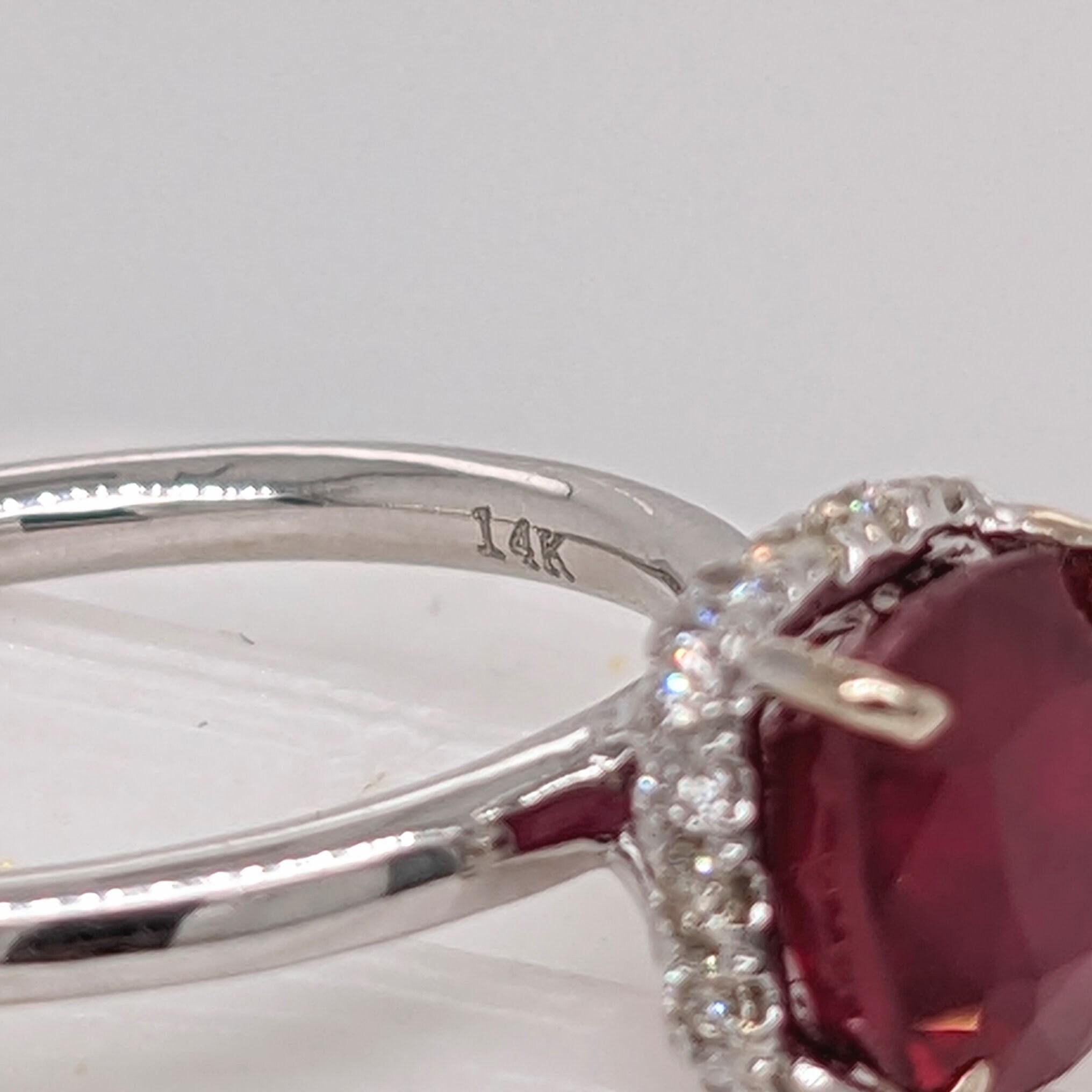 1.7ct Stunning Ruby Ring w Earth Mined Diamonds in Solid 14K Gold Cushion 7mm For Sale 2