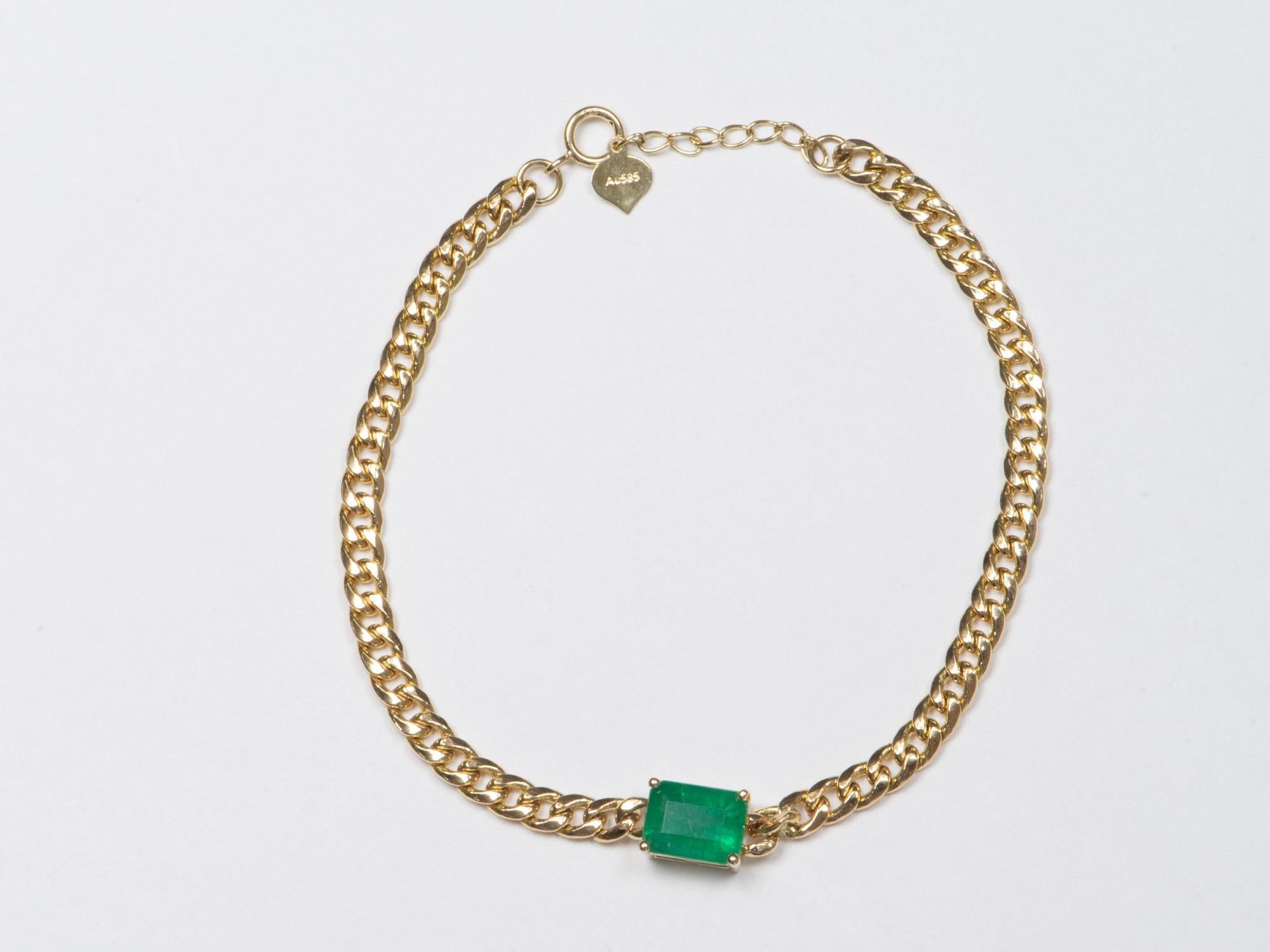 Emerald Cut 1.7ct Zambian Emerald Bracelet on Miami Cuban Chain 14K Gold R4472 For Sale