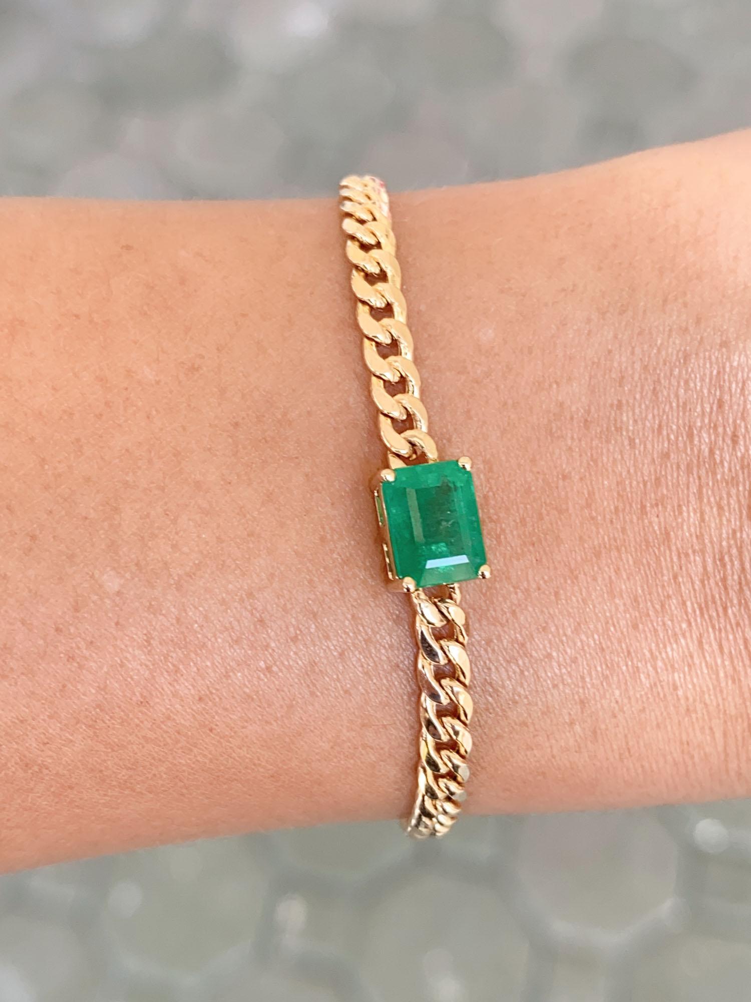 1.7ct Zambian Emerald Bracelet on Miami Cuban Chain 14K Gold R4472 In New Condition For Sale In Osprey, FL