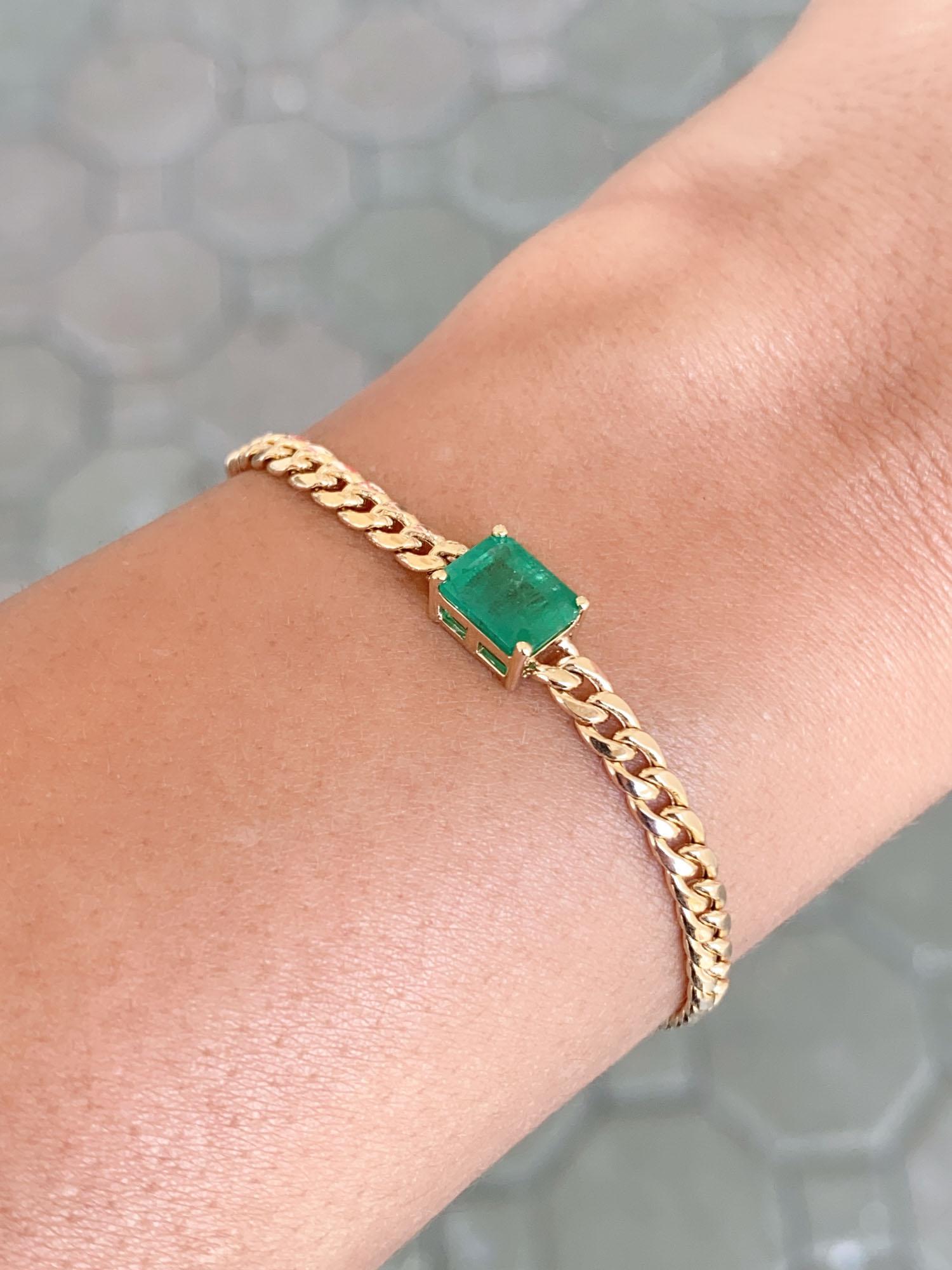 Women's or Men's 1.7ct Zambian Emerald Bracelet on Miami Cuban Chain 14K Gold R4472 For Sale