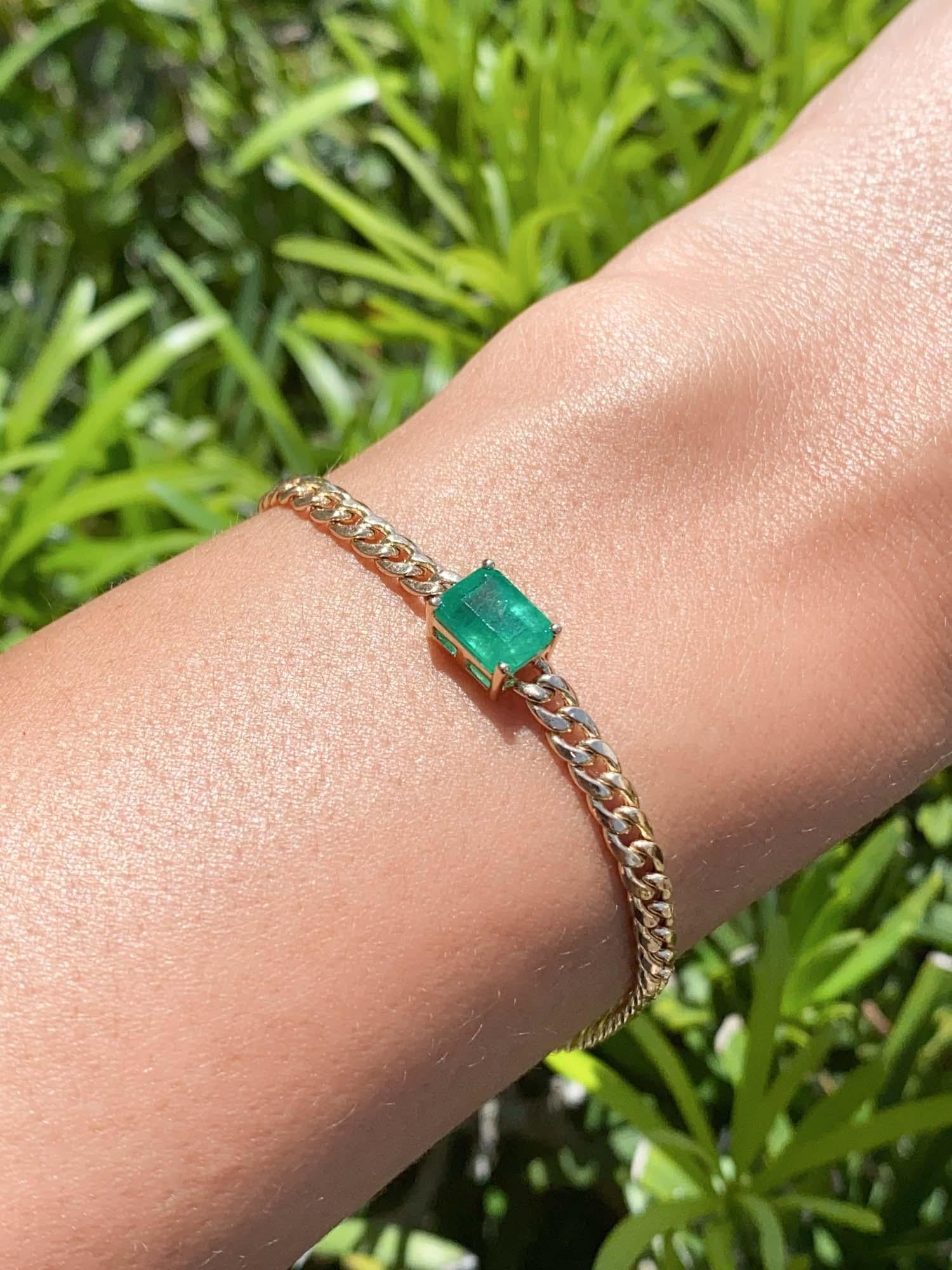 1.7ct Zambian Emerald Bracelet on Miami Cuban Chain 14K Gold R4472 For Sale 1