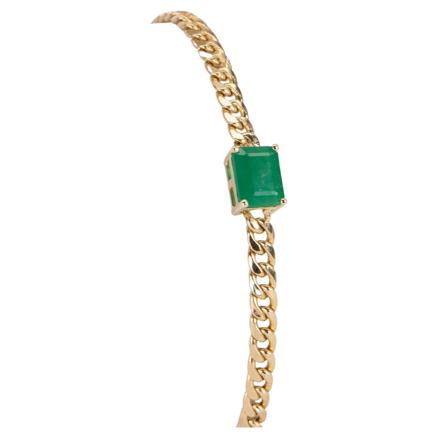 1.7ct Zambian Emerald Bracelet on Miami Cuban Chain 14K Gold R4472 For Sale