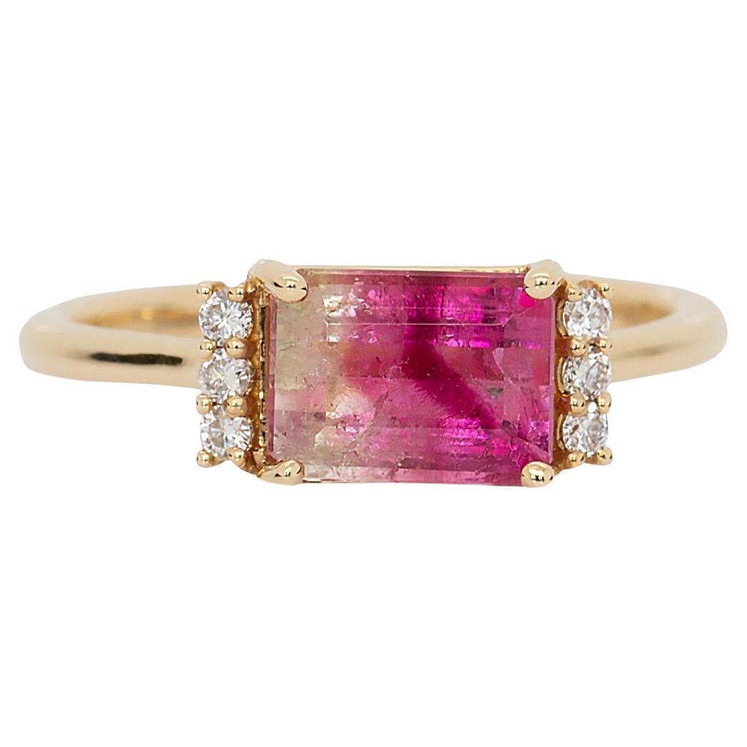 1.7cts Bi-colorful Tourmaline Ring with Natural Diamond Accents: Solid 14k Gold