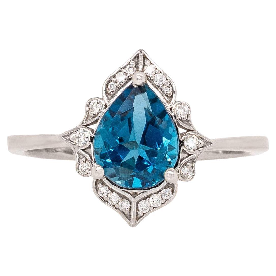 1.7cts London Blue Topaz Ring with Natural Diamonds: Solid 14k White Gold, 9x7mm