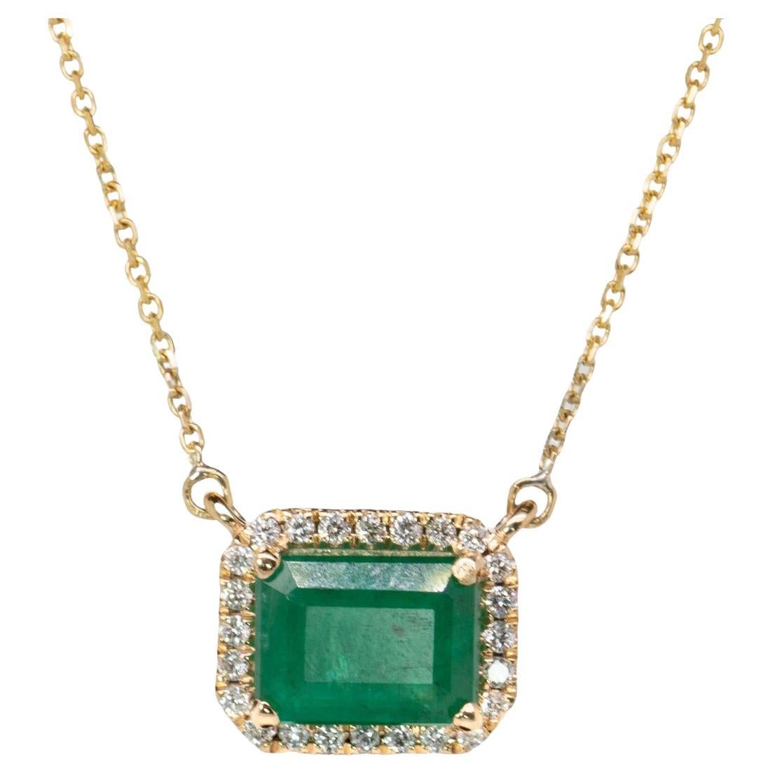 1.7cts Zambian Emerald Pendant with Natural Diamonds Halo: Solid 14k Gold, 8x6mm For Sale