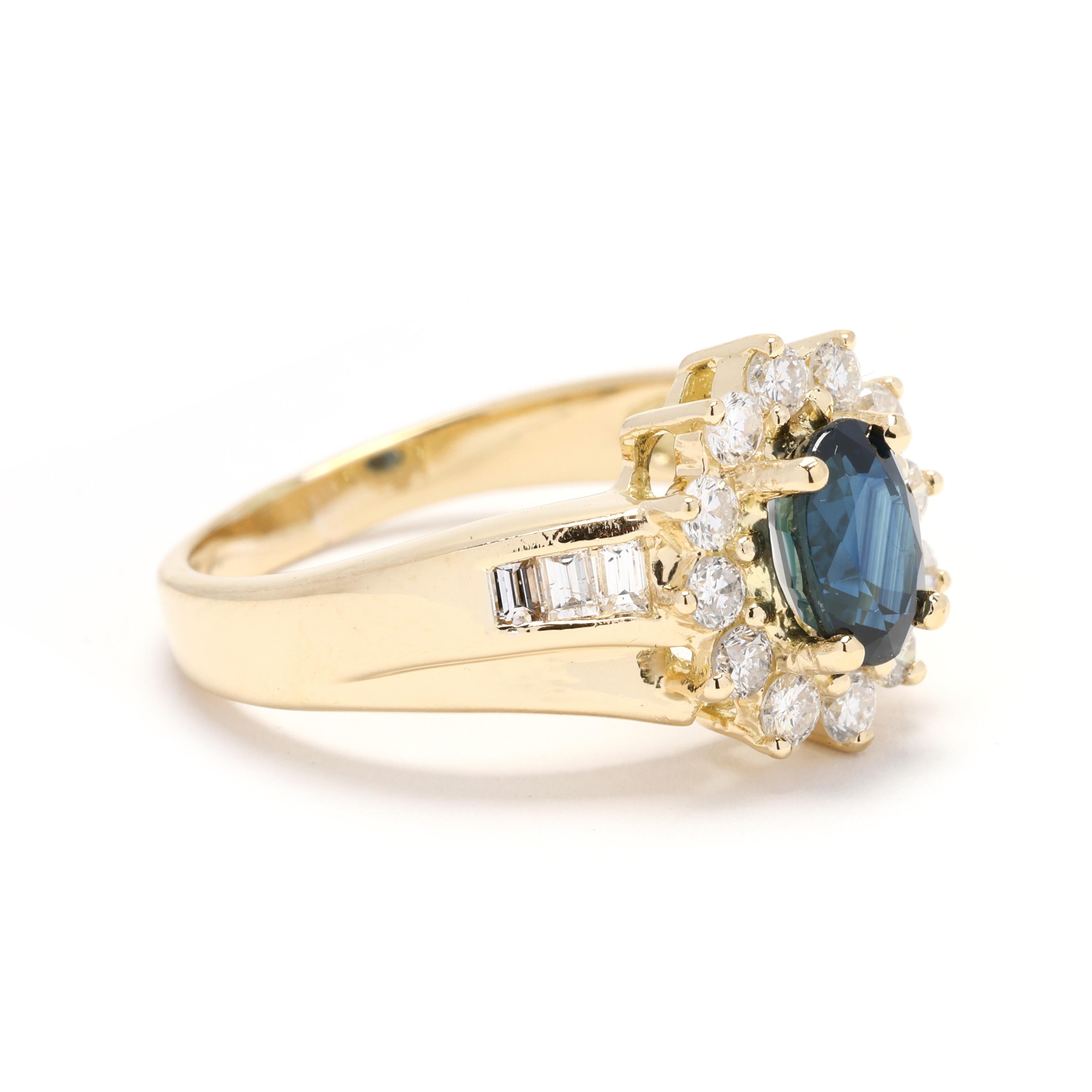 This 18k yellow gold engagement ring combines the captivating beauty of a blue sapphire with the timeless sparkle of diamonds. The contrast of the rich sapphire against the warm golden band creates a sophisticated, vintage-inspired look. Ideal for