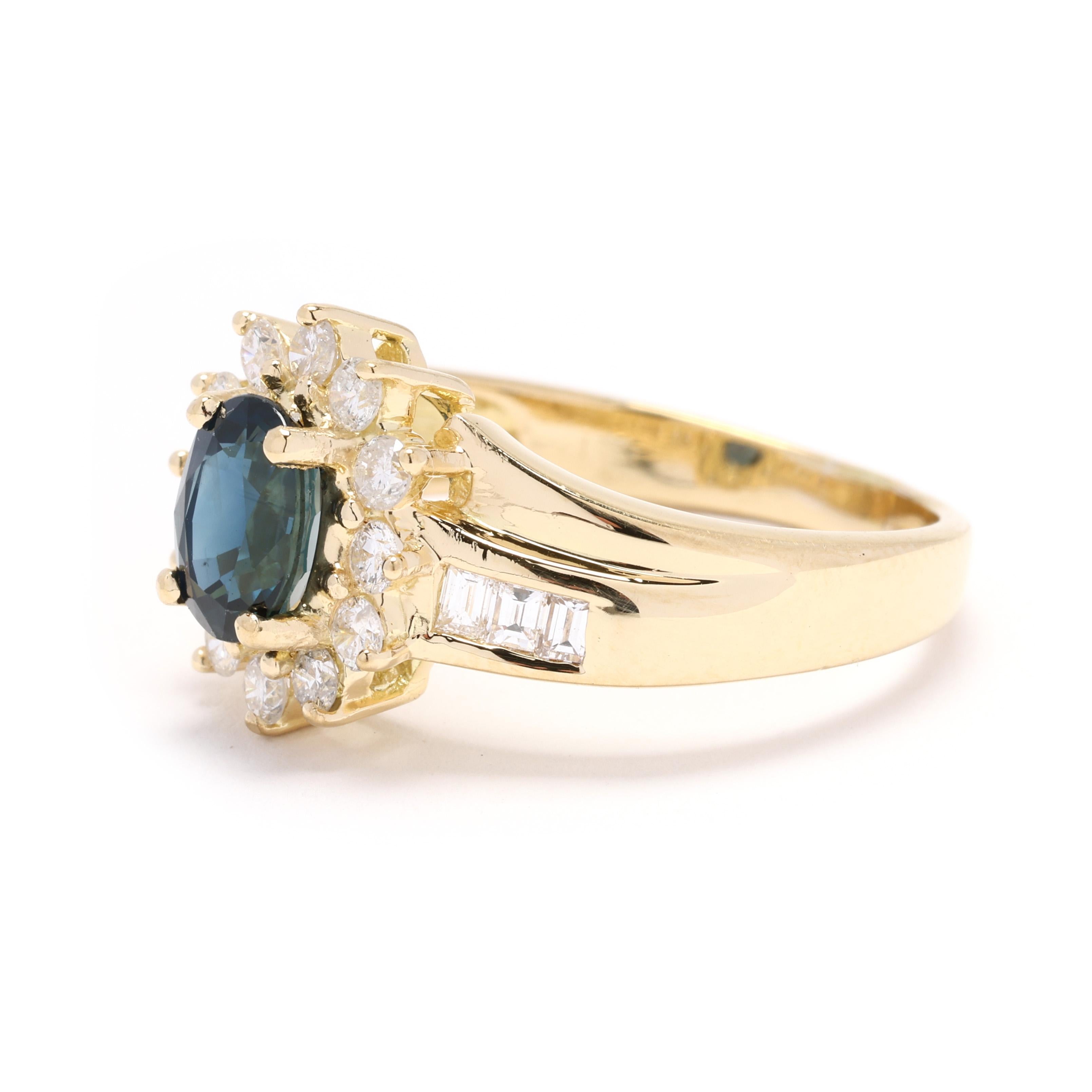 1.7ctw Blue Sapphire and Diamond Engagement Ring, 18k Yellow Gold, Ring Size 7 In Good Condition In McLeansville, NC