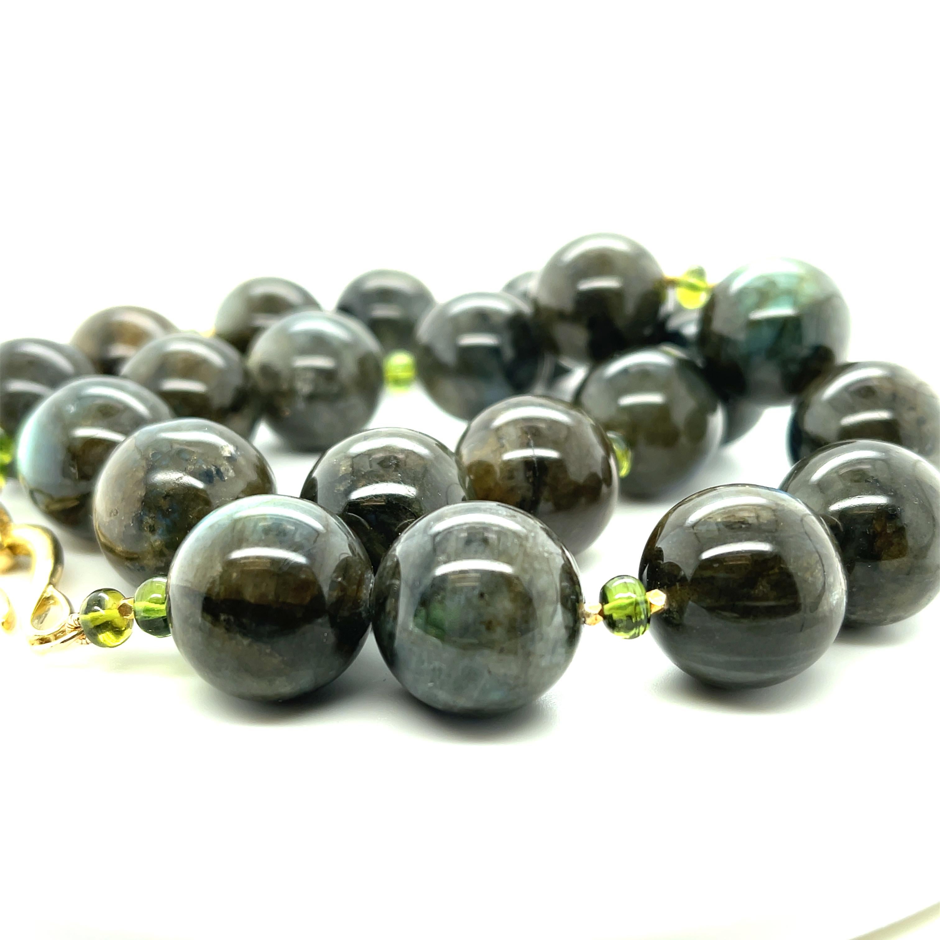 Artisan 17mm Labradorite Bead Necklace with Peridot Accents and Gold Clasp, 19.5 Inches For Sale