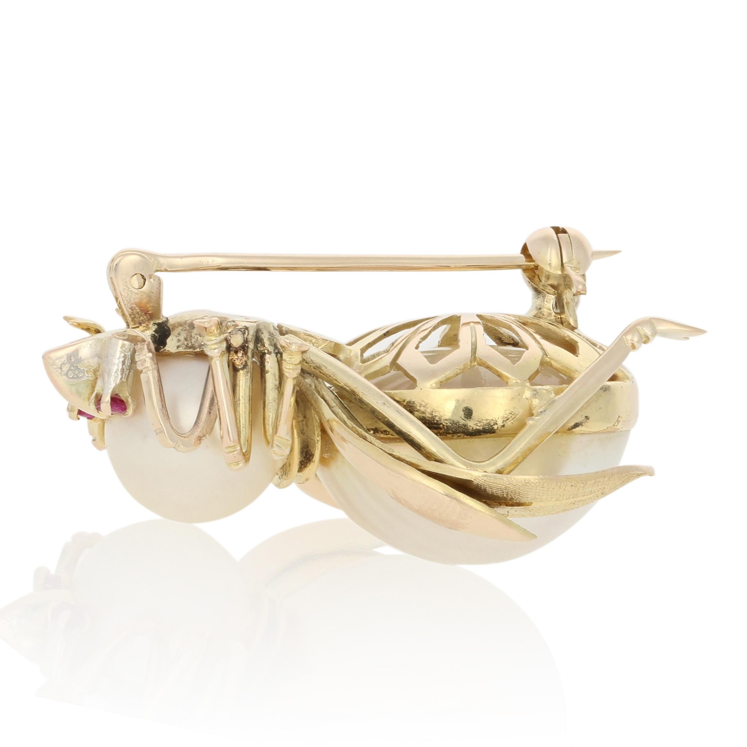 Round Cut Mabe Pearl, Pearl, and Ruby Insect Brooch, 14 Karat Yellow Gold Pin