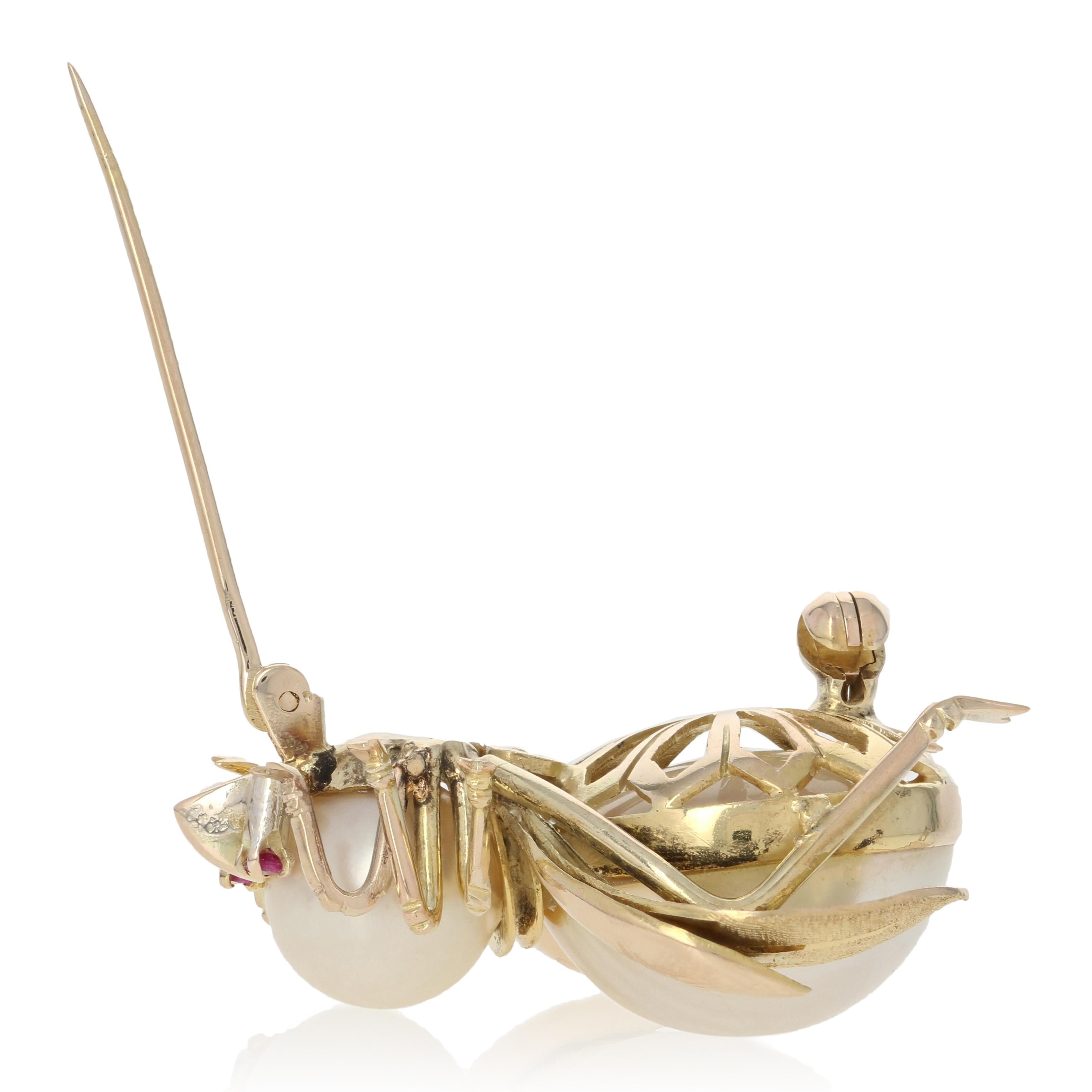 Mabe Pearl, Pearl, and Ruby Insect Brooch, 14 Karat Yellow Gold Pin In Excellent Condition In Greensboro, NC
