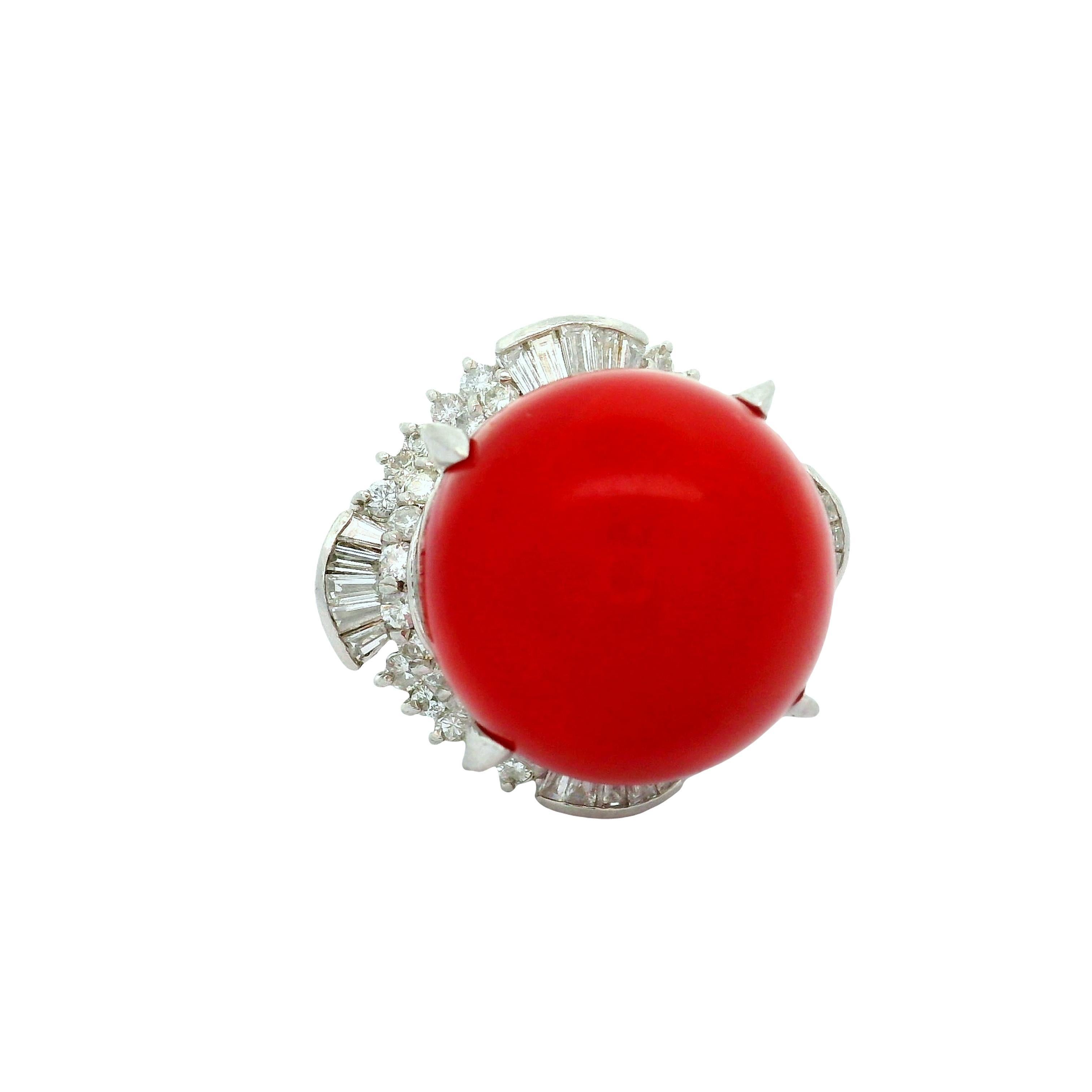 Contemporary 17mm Red Coral Diamond Platinum Ballerina Ring For Sale