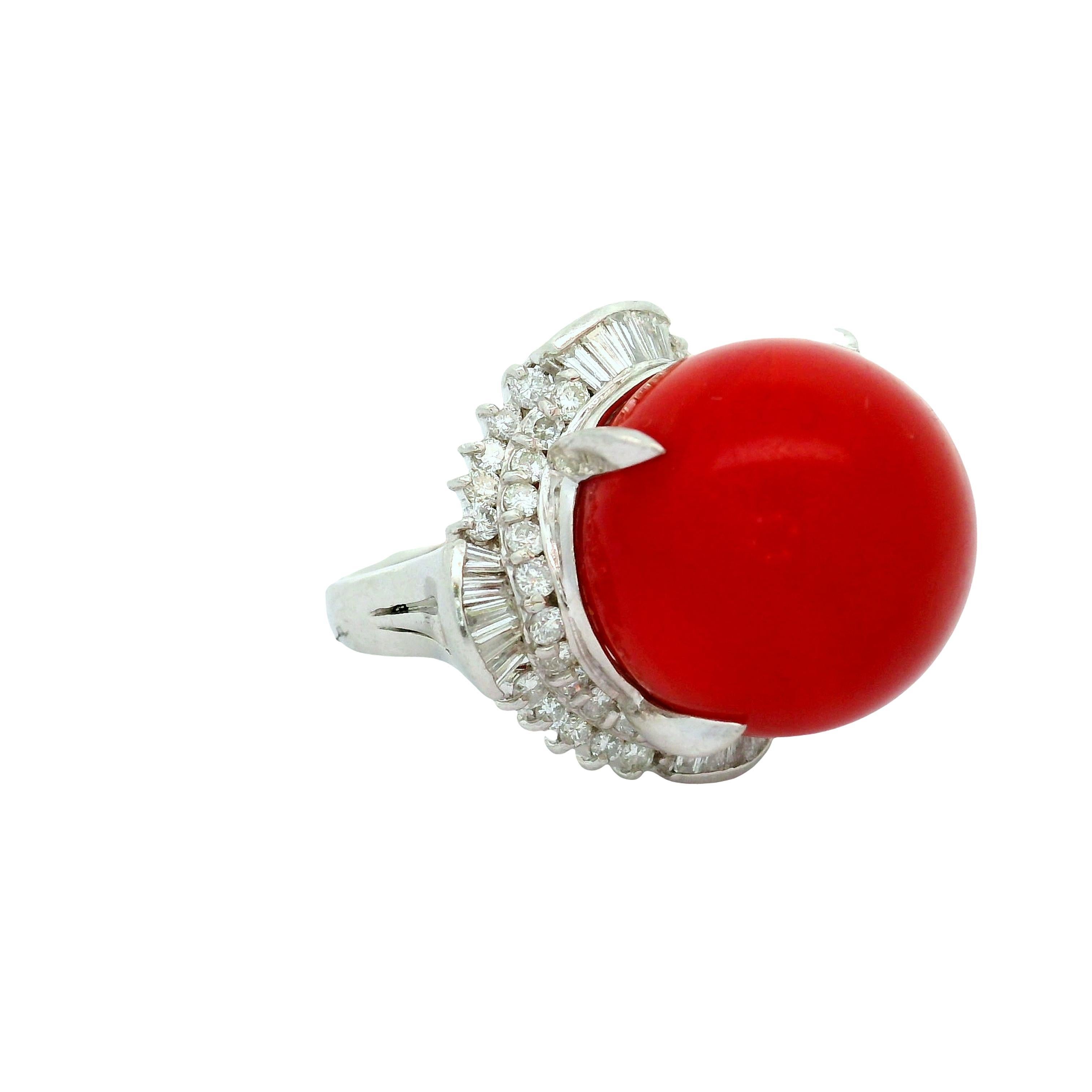 Ball Cut 17mm Red Coral Diamond Platinum Ballerina Ring For Sale