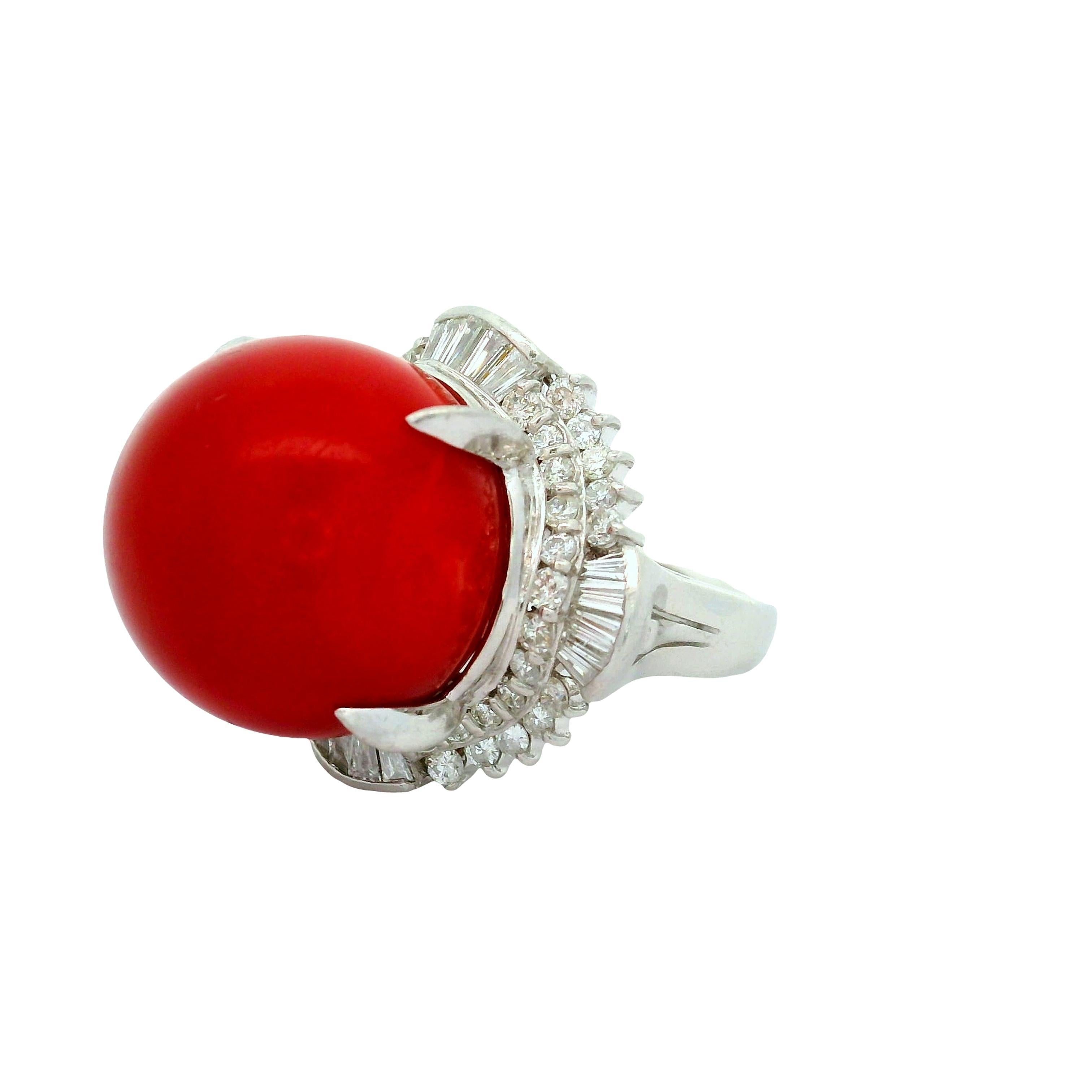 17mm Red Coral Diamond Platinum Ballerina Ring In Excellent Condition For Sale In Beverly Hills, CA