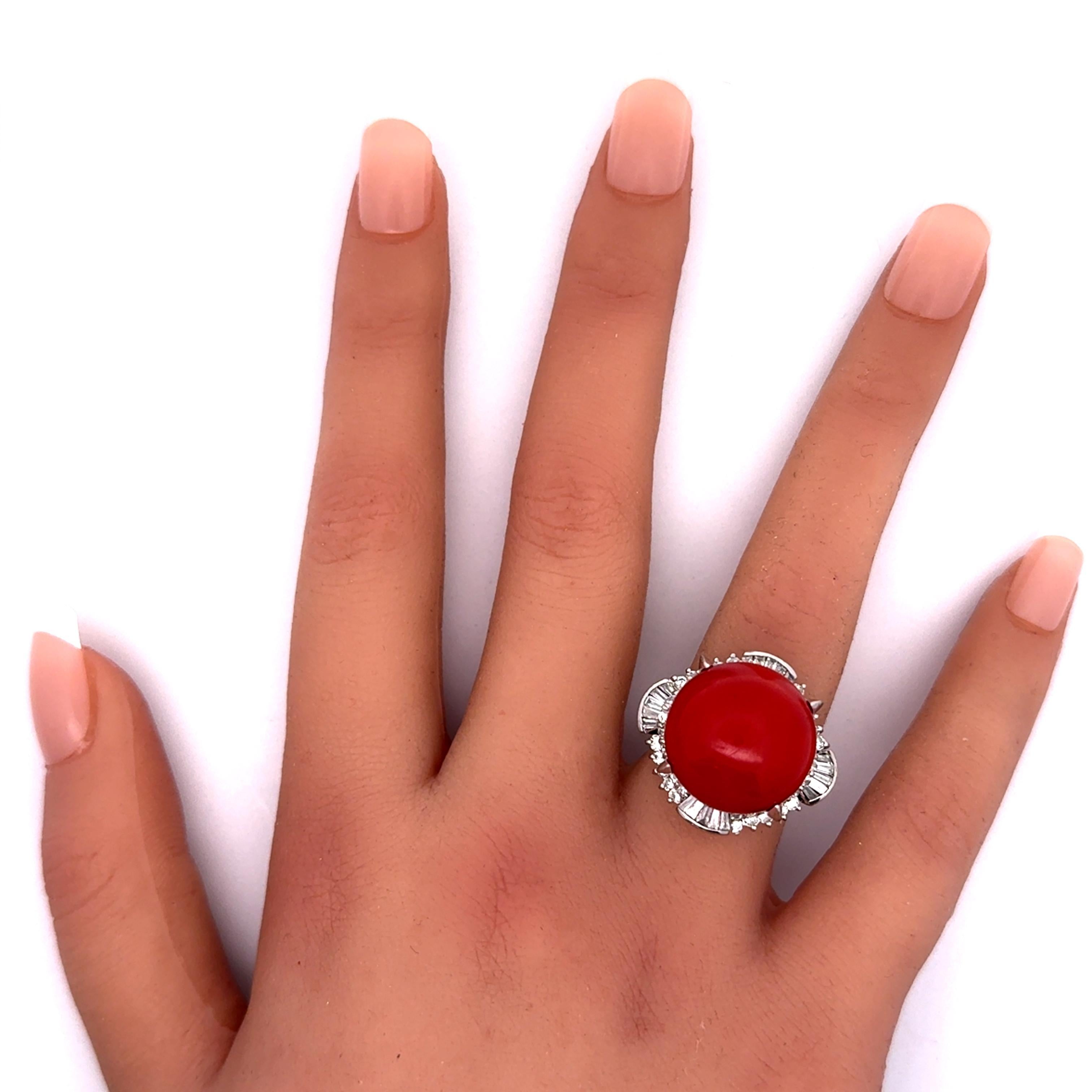 Women's 17mm Red Coral Diamond Platinum Ballerina Ring For Sale