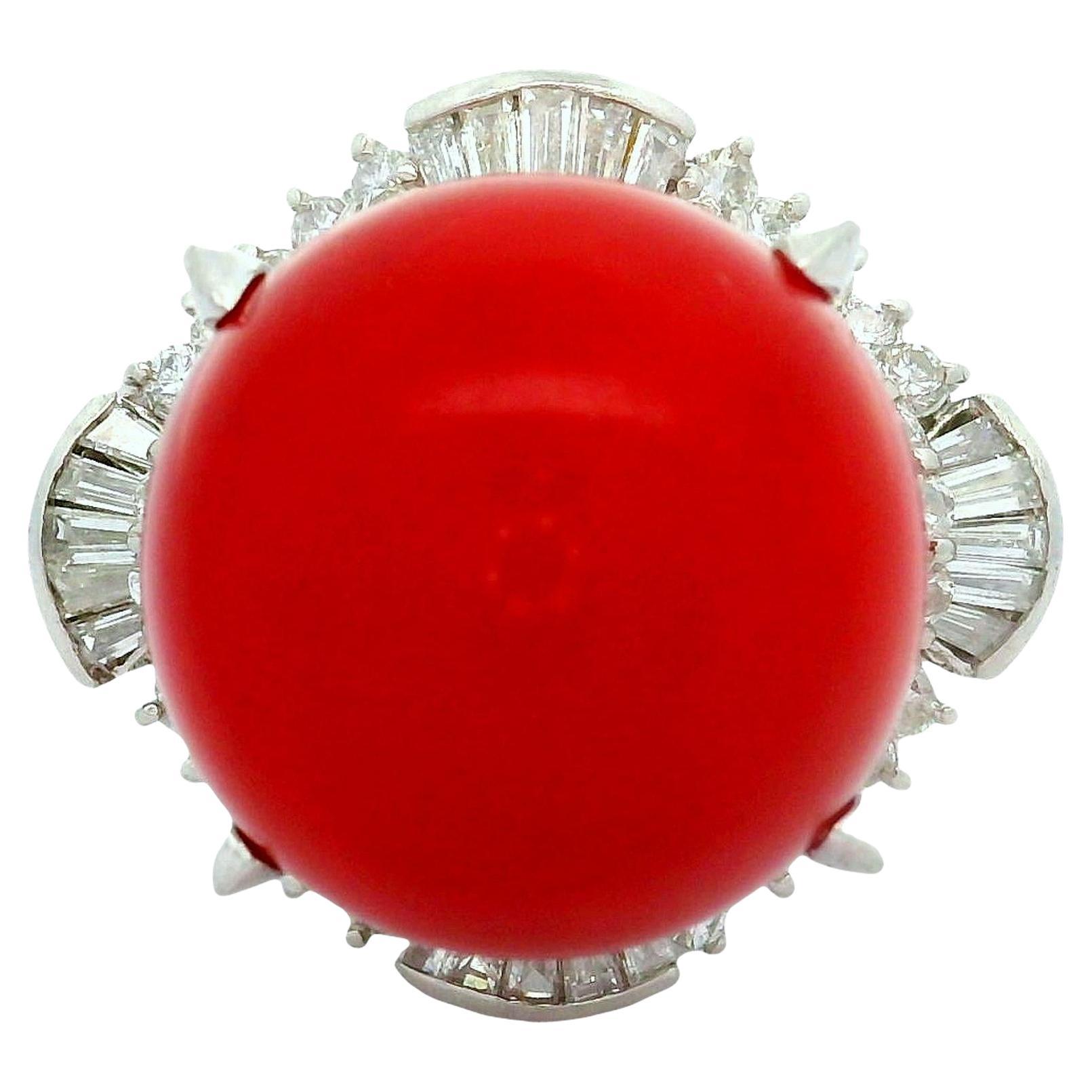 17mm Red Coral Diamond Platinum Ballerina Ring For Sale