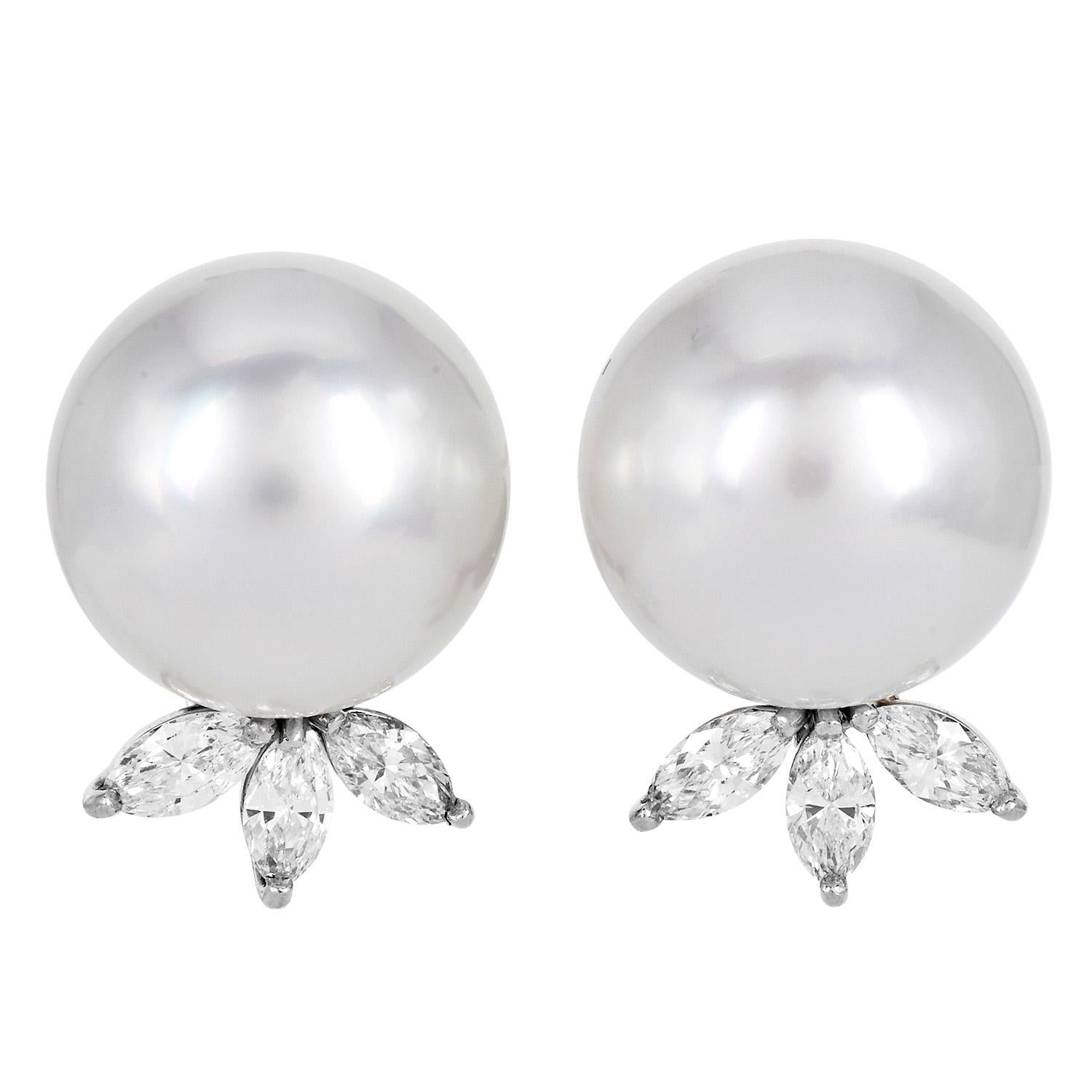 Marquise Cut 17mm Southsea Pearl Platinum 18K Gold Statement Earrings