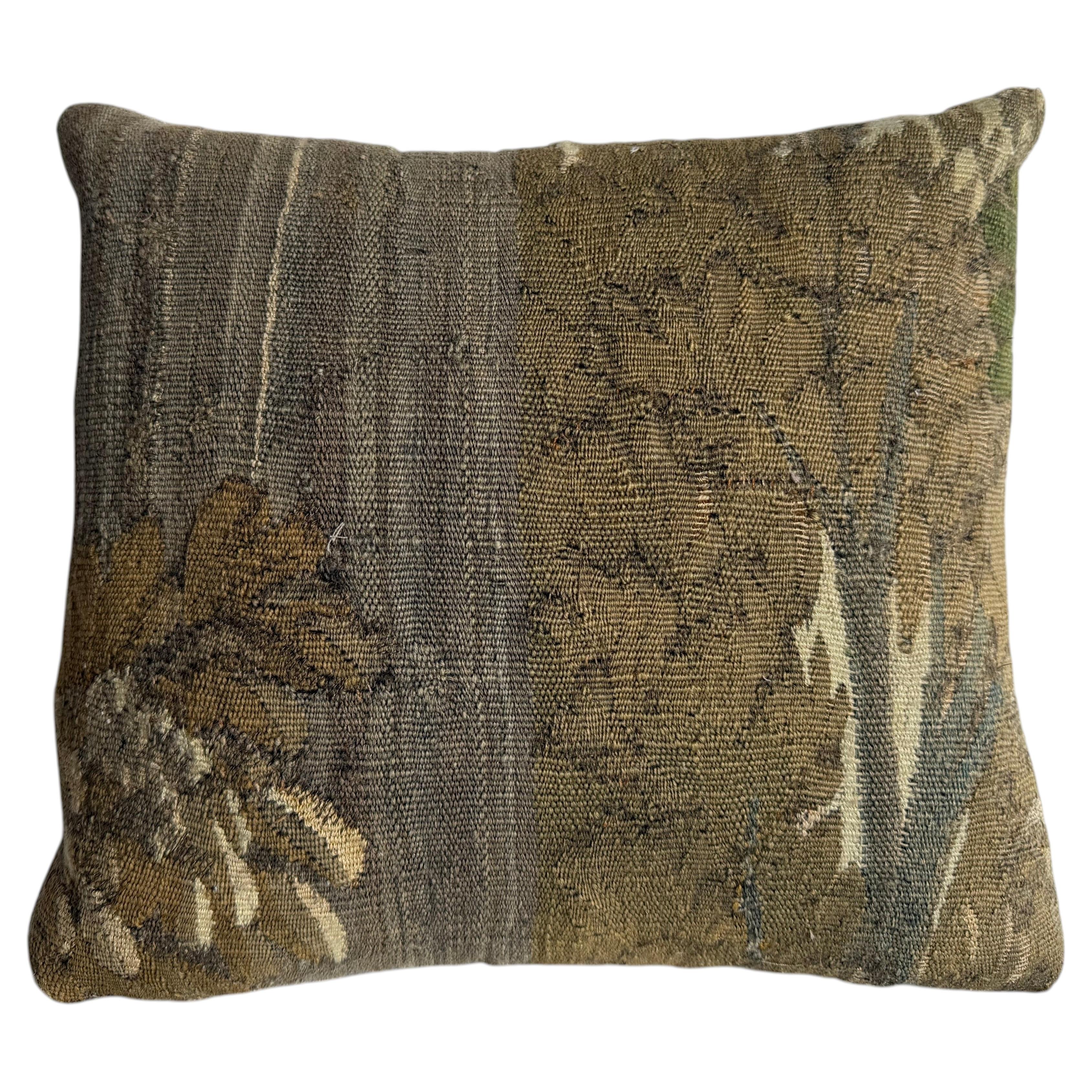 17rth Century Antique Brussels Landscape Tapestry Pillow with Woodland Scene For Sale