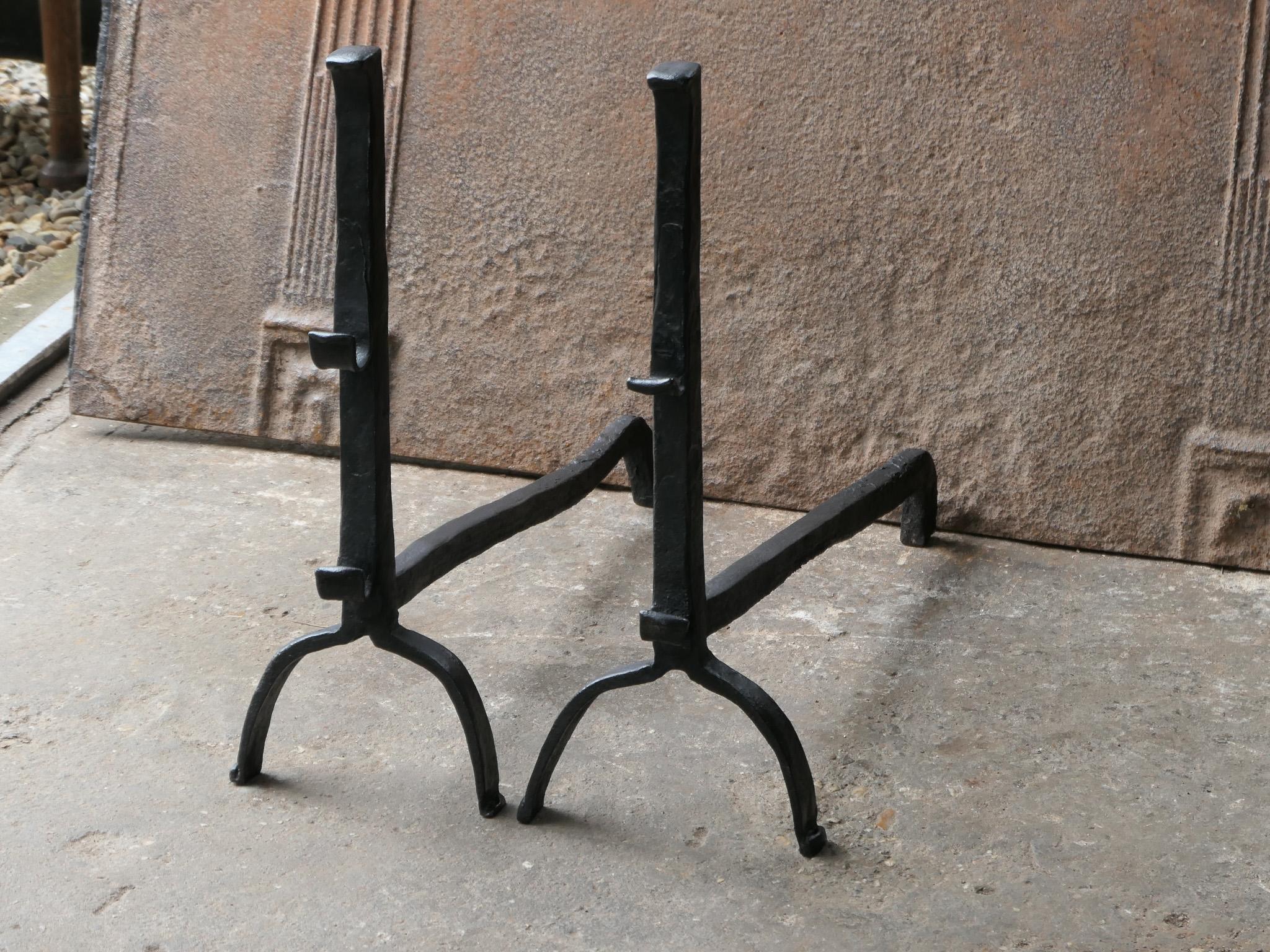 Wrought Iron 17th - 18th C. French Gothic Andirons or Firedogs For Sale