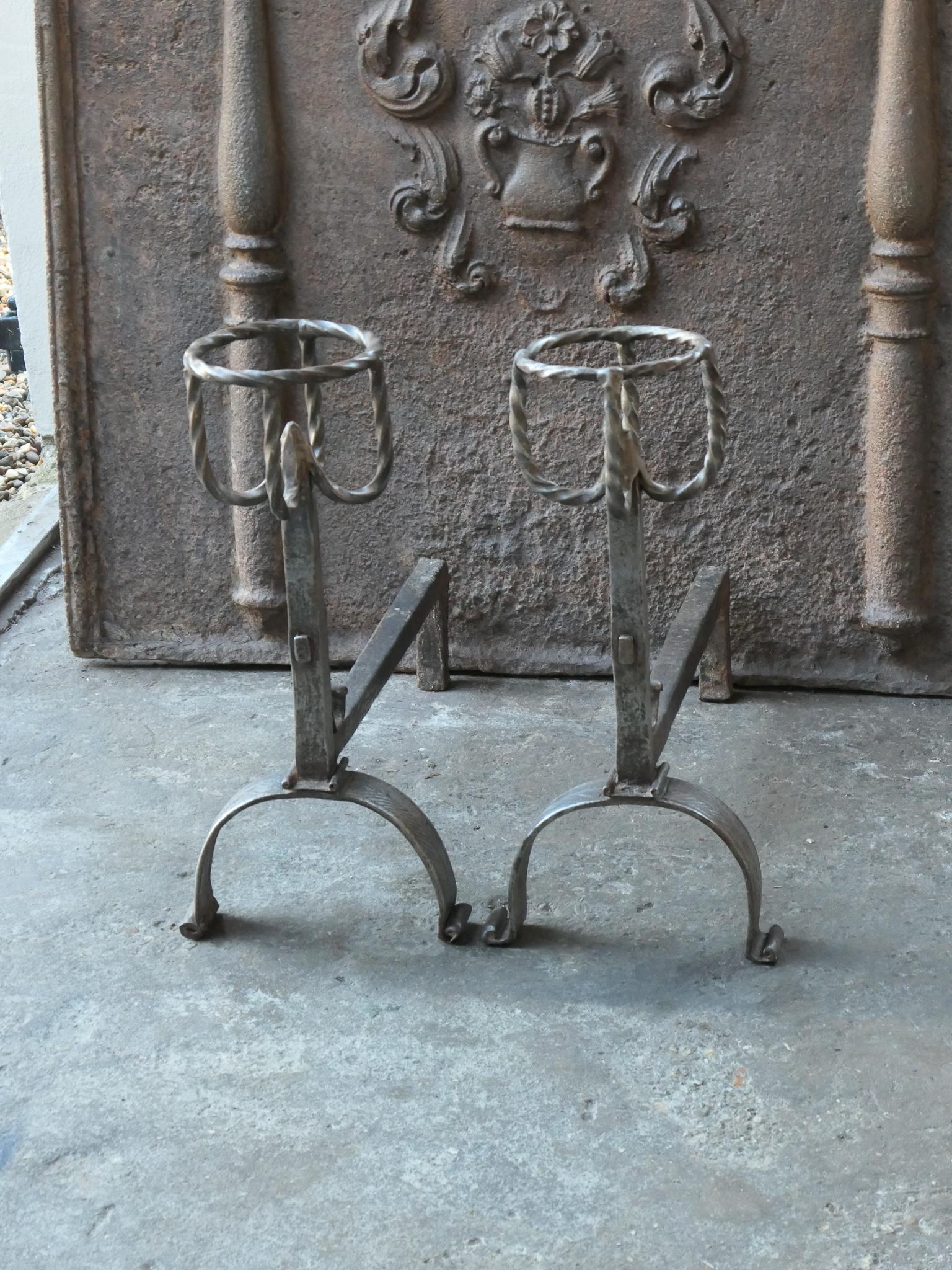 18th Century 17th - 18th C. Polished Steel French Gothic Andirons or Firedogs For Sale