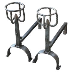 17th - 18th C. Polished Steel French Gothic Andirons or Firedogs