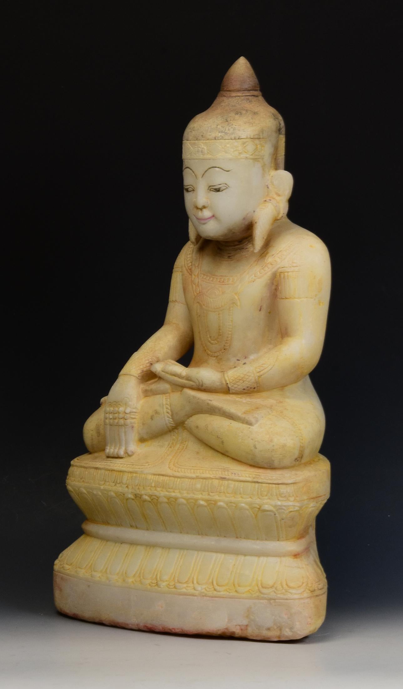 15th Century, Ava, Antique Burmese Alabaster Marble Seated Crowned Buddha Statue 8