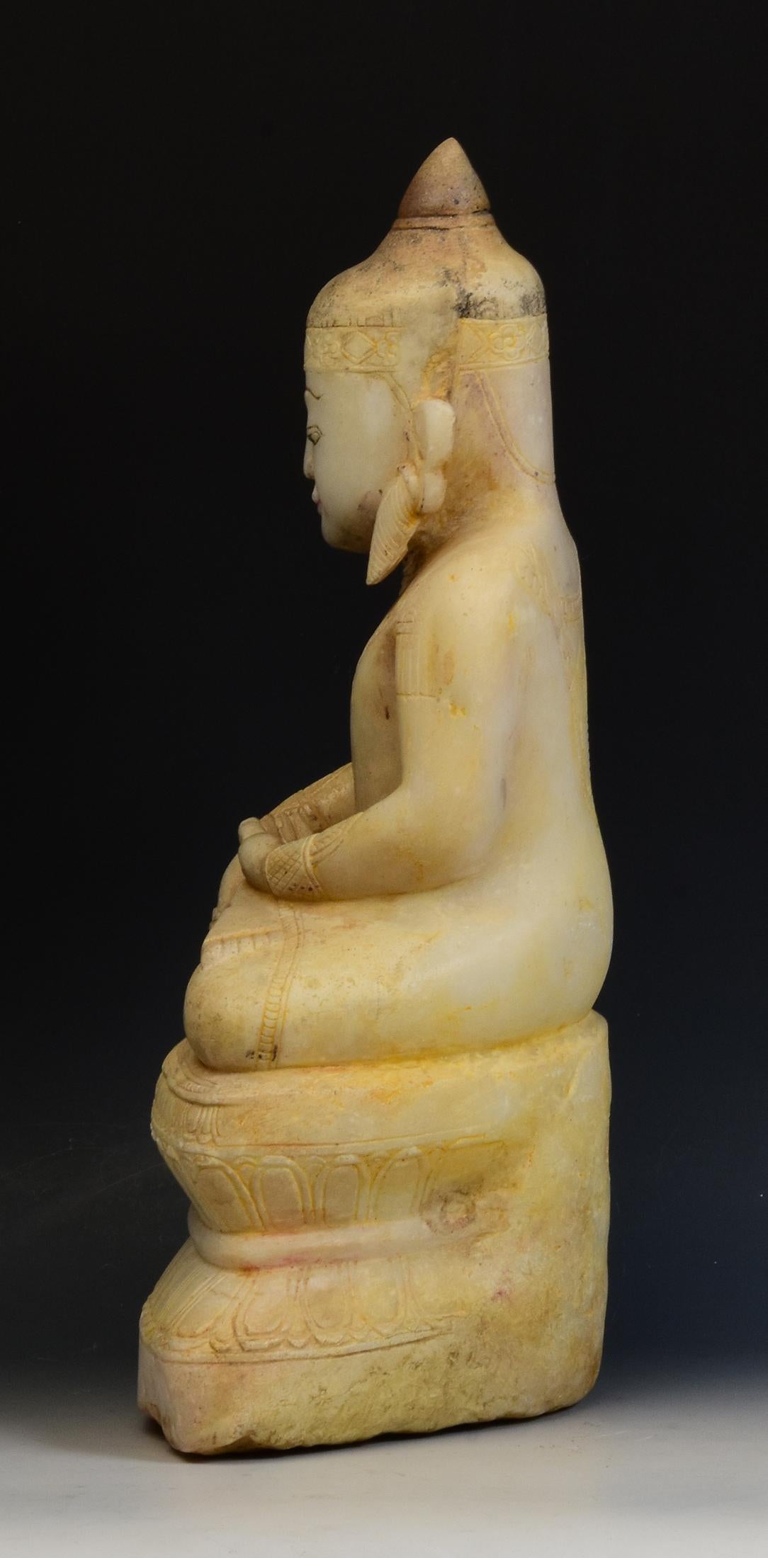 15th Century, Ava, Antique Burmese Alabaster Marble Seated Crowned Buddha Statue 9
