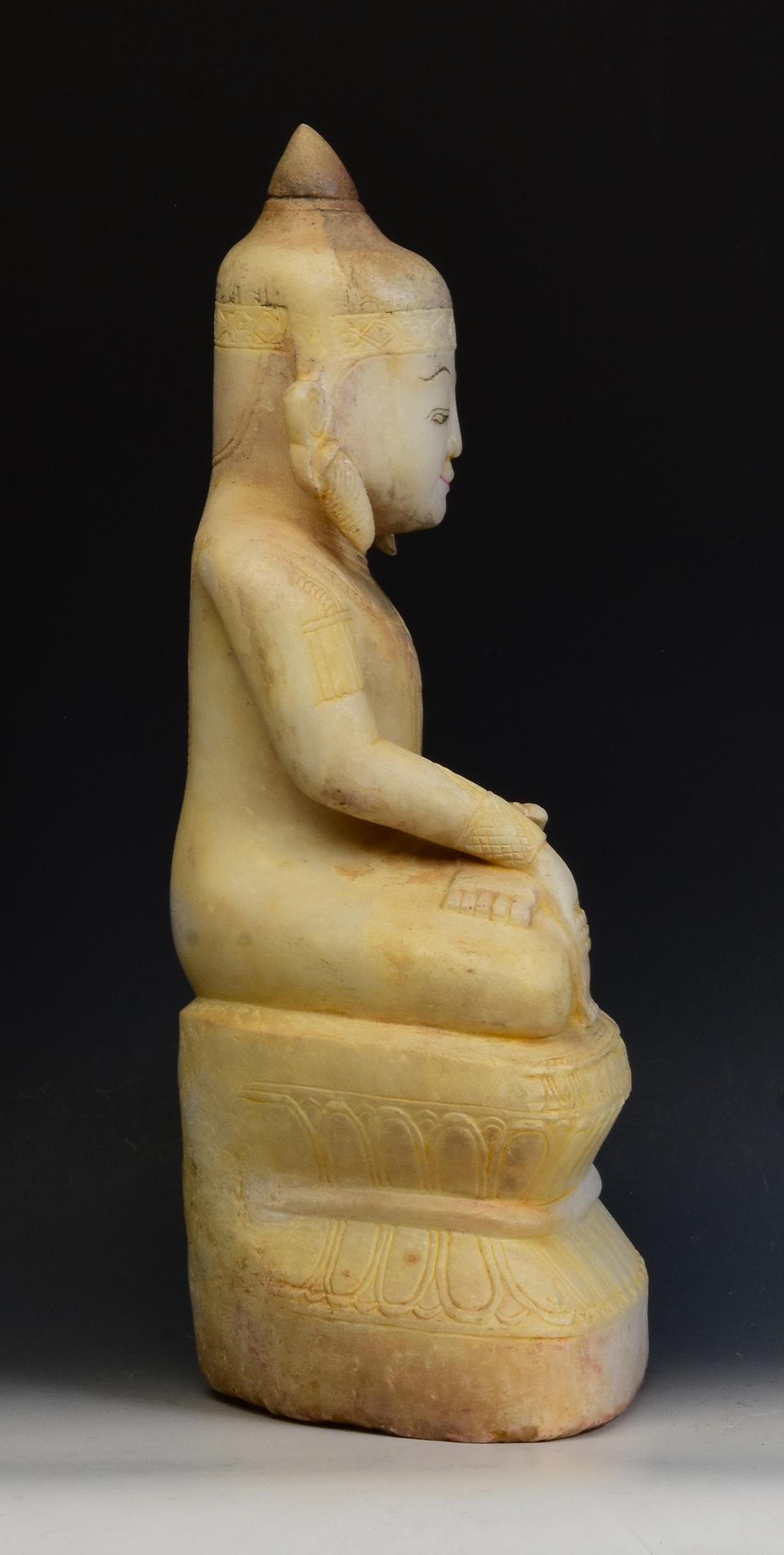 15th Century, Ava, Antique Burmese Alabaster Marble Seated Crowned Buddha Statue 13