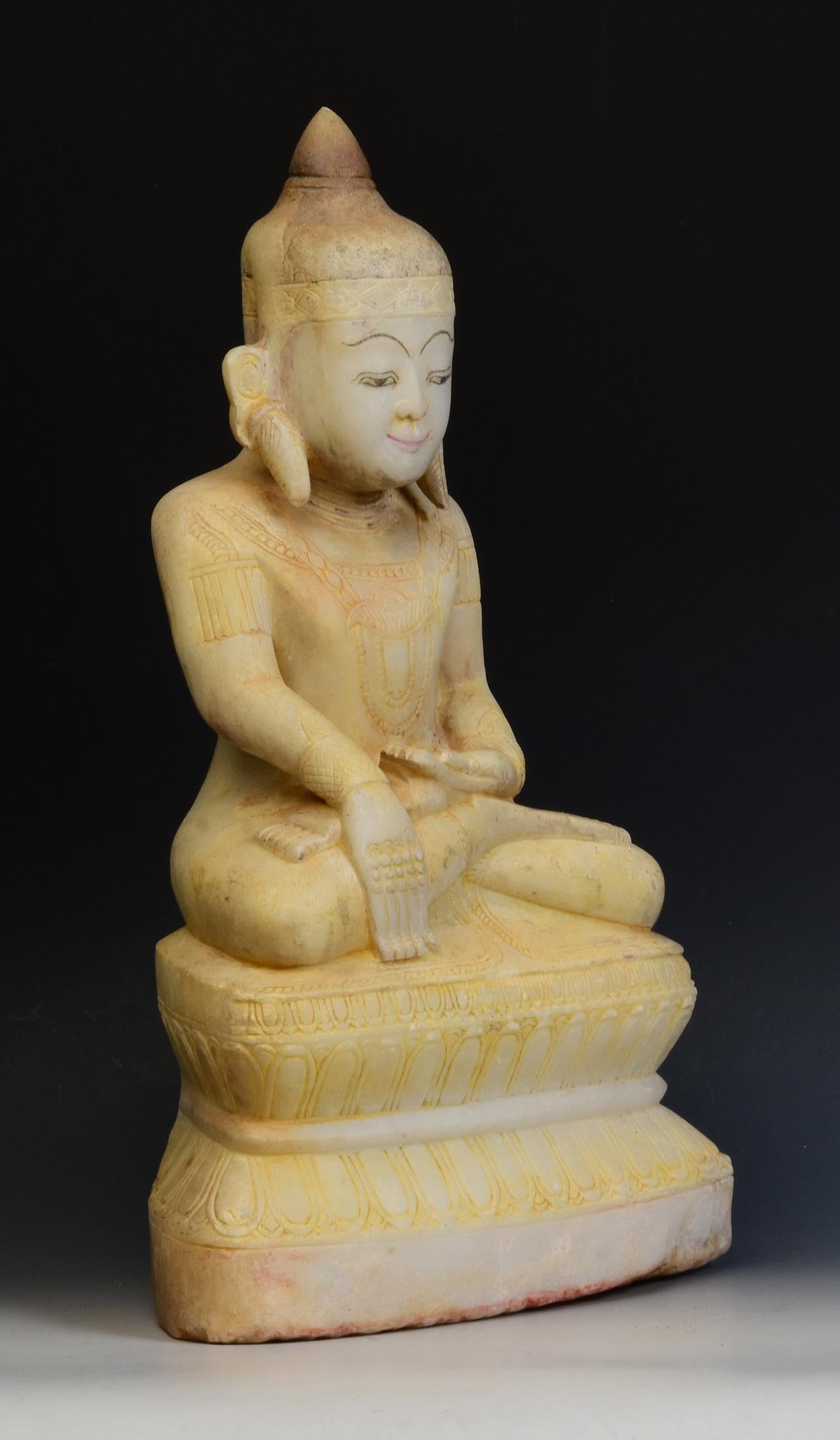 15th Century, Ava, Antique Burmese Alabaster Marble Seated Crowned Buddha Statue 14