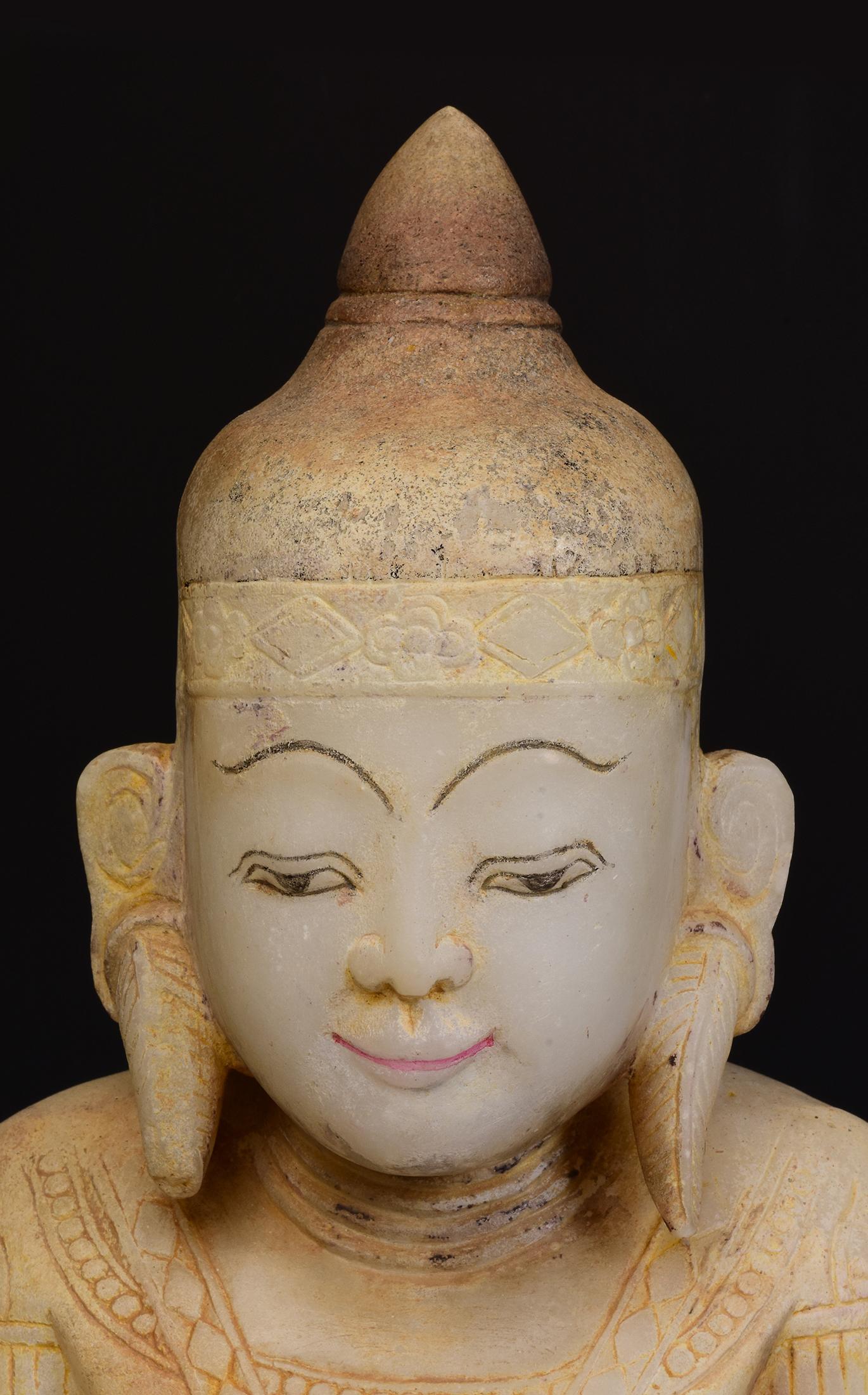 Hand-Carved 15th Century, Ava, Antique Burmese Alabaster Marble Seated Crowned Buddha Statue