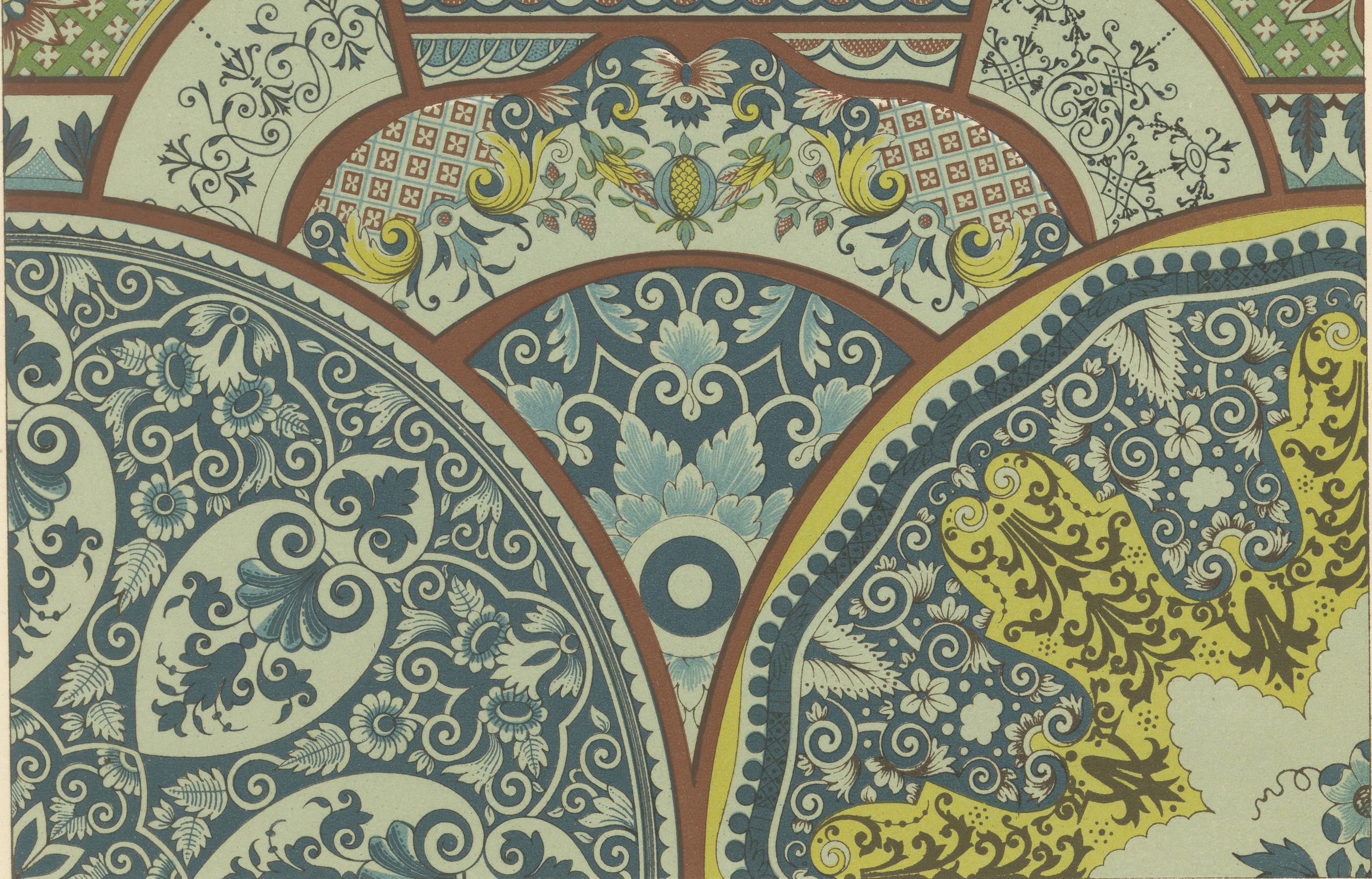 Décoration de plafond des XVIIe et XVIIIe siècles - Motifs de panneaux rococo et baroque, planche LXXXII

Cette chromolithographie raffinée et complexe, la planche LXXXII de L'Ornement Polychrome, présente une série de panneaux ornementaux de