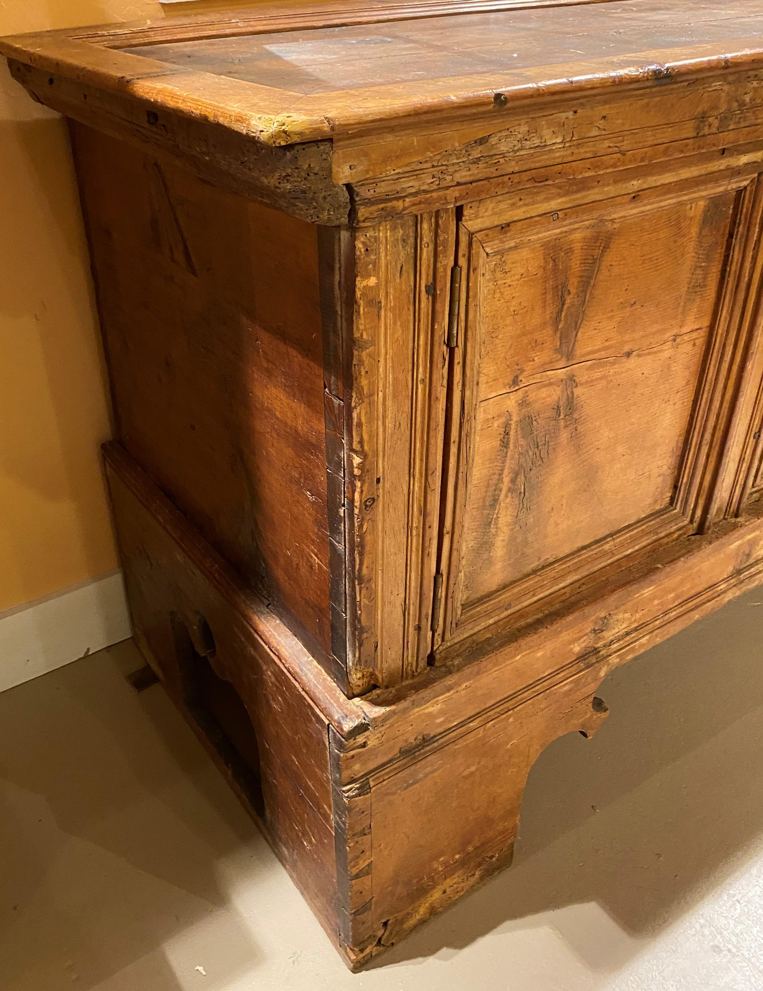 Metal 17th / 18th Century Continental Pine Storage Chest on Frame with Intricate Lock