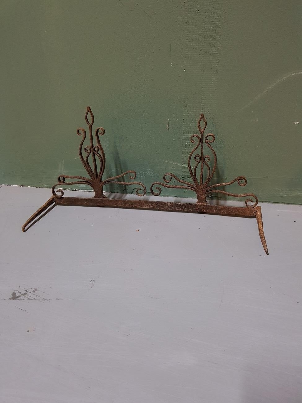 17th-18th Century Dutch Wrought Iron Fireplace Tools Wall Rack For Sale 1