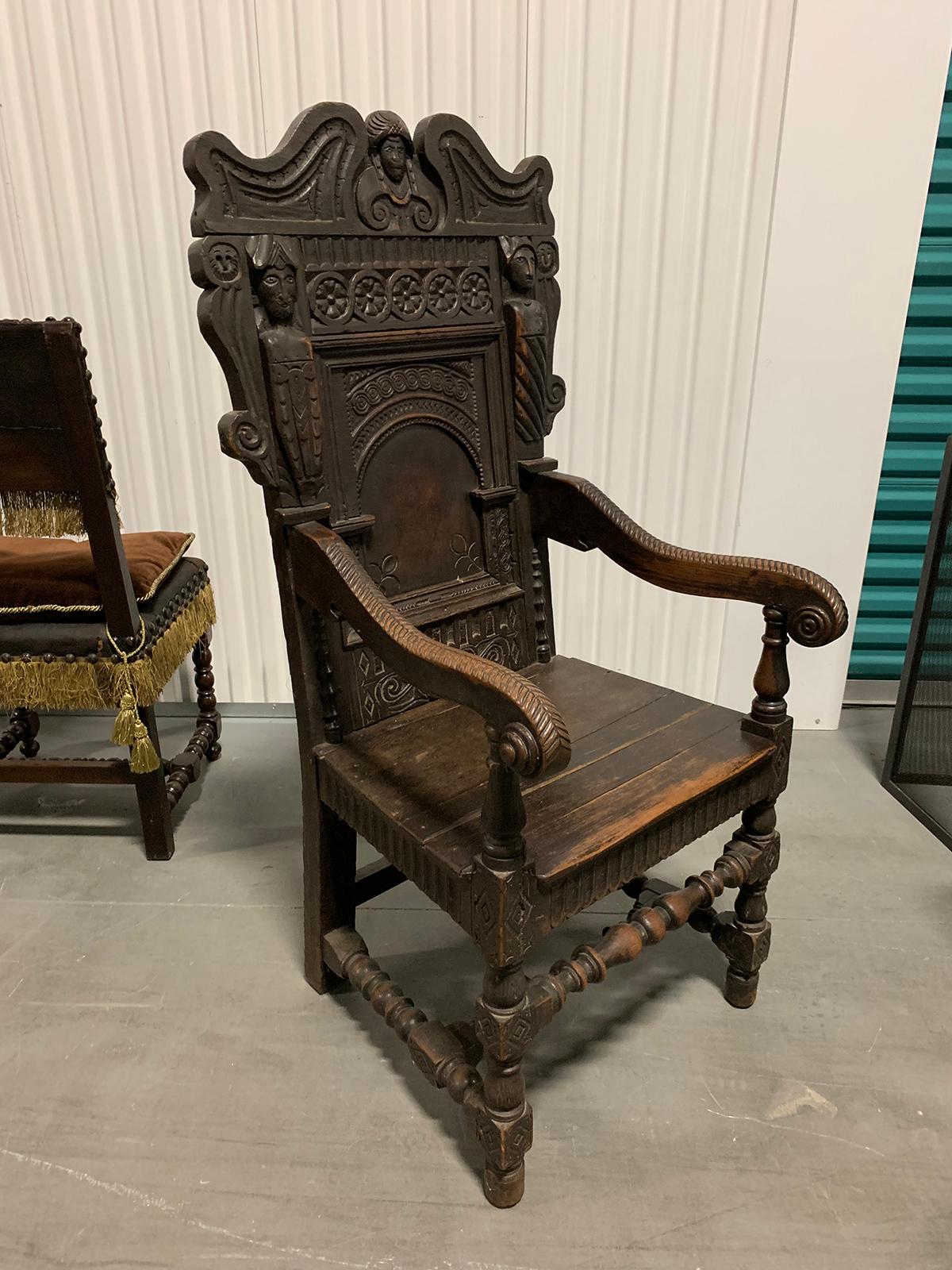 Hand-Carved 17th/18th Century English Carved Oak Wainscot Armchair