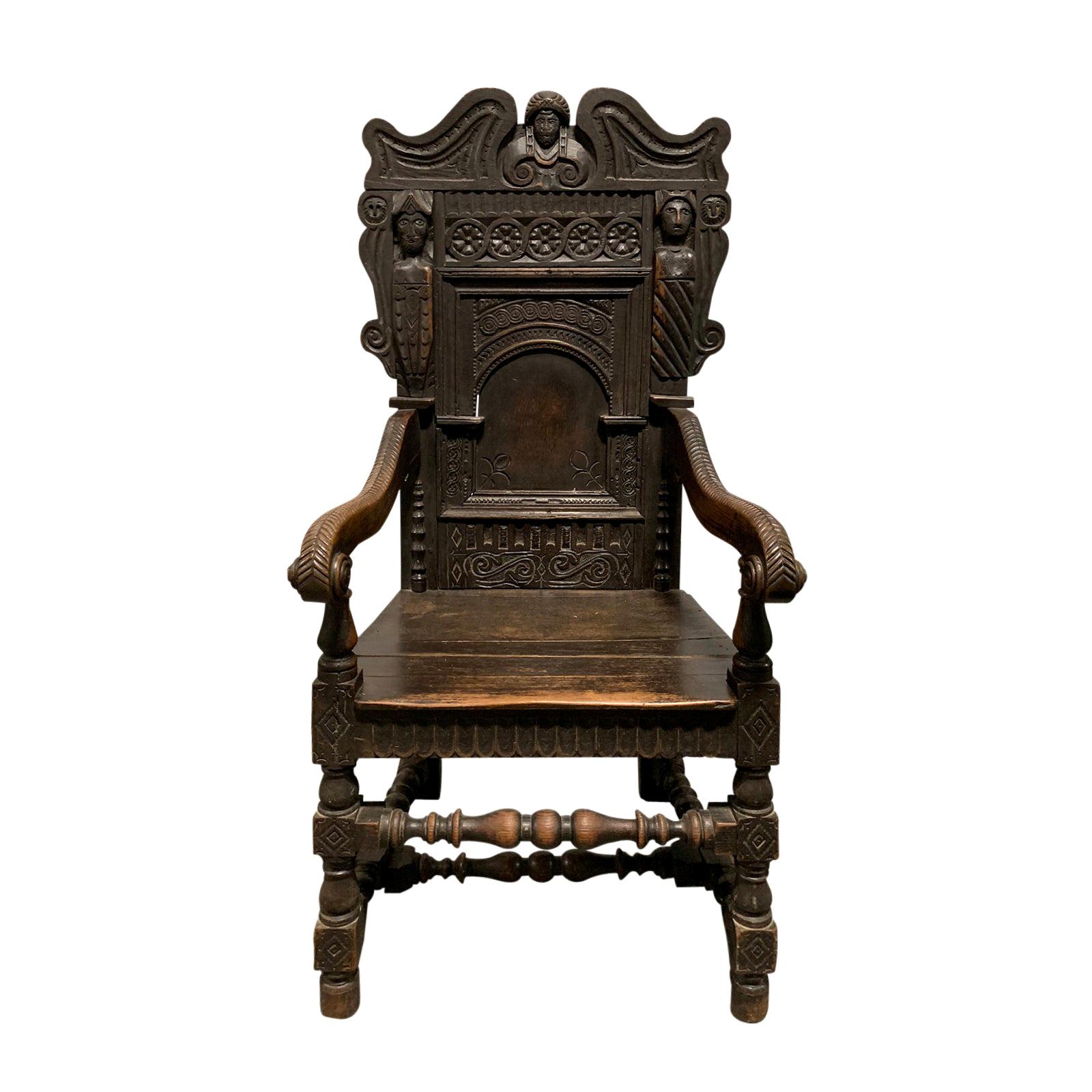 17th/18th Century English Carved Oak Wainscot Armchair