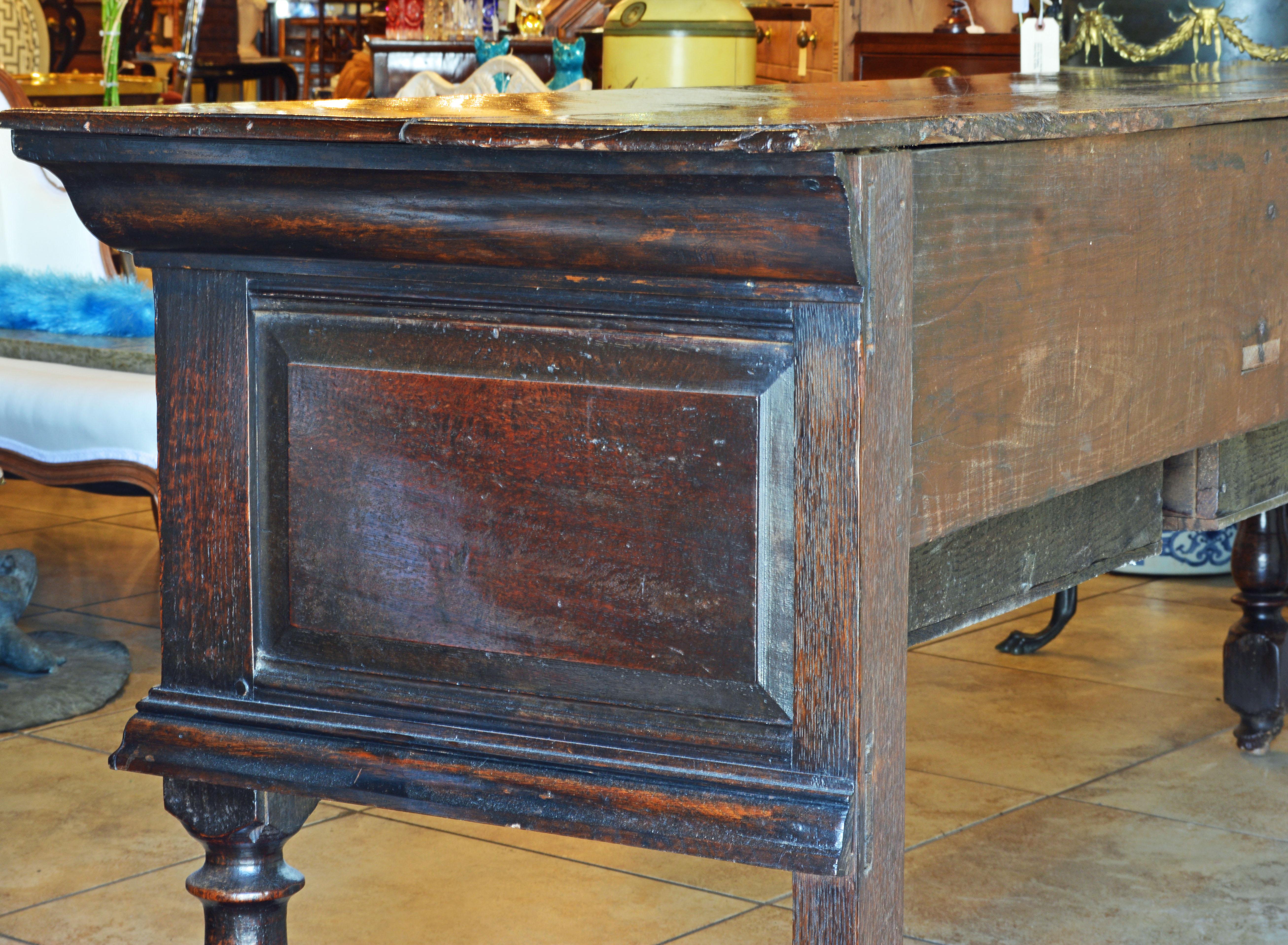 Brass 17th-18th Century English Jacobean Style Three-Drawer Oak Wood Dresser or Buffet