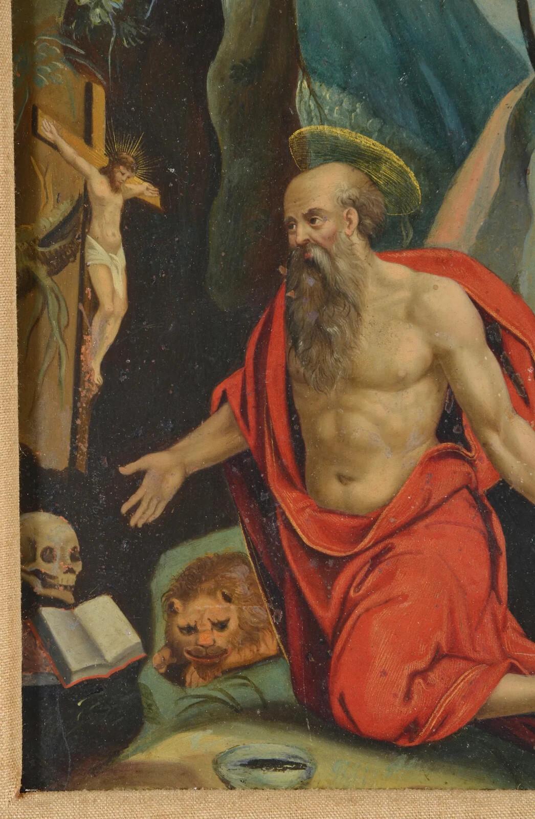 17./18. Jahrhundert, flämisches Ölgemälde des Heiligen Hieronymus, alter Meister im Zustand „Gut“ im Angebot in Queens, NY