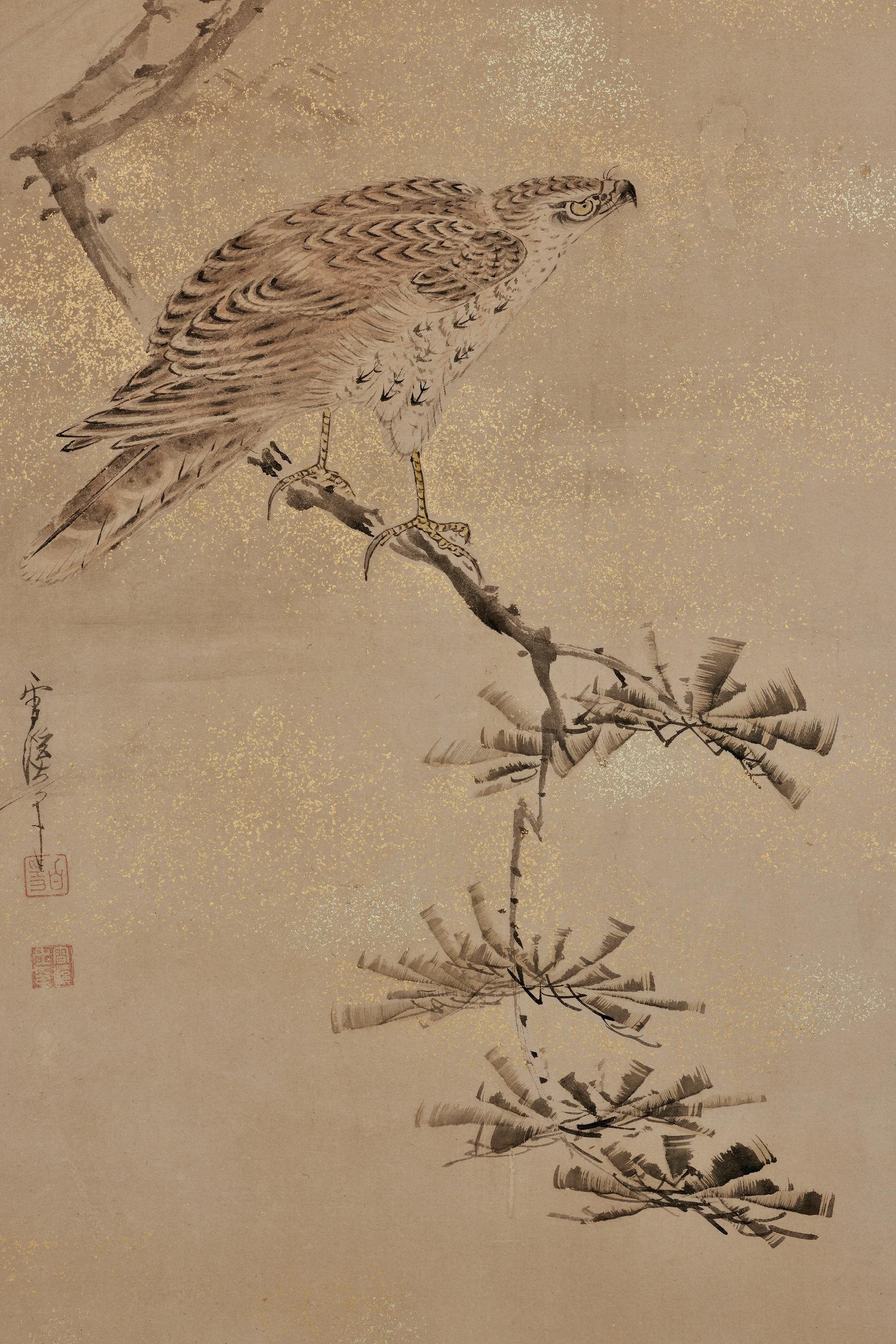 Yamaguchi Sekkei (1644-1732)

Falcon

Framed panel, ink and gold fleck on paper

Dimensions:

W. 54 cm x H. 128 cm (21” x 50”)

A framed Japanese painting depicting a peregrine falcon overlooking a steep ravine. In Japan the swift and