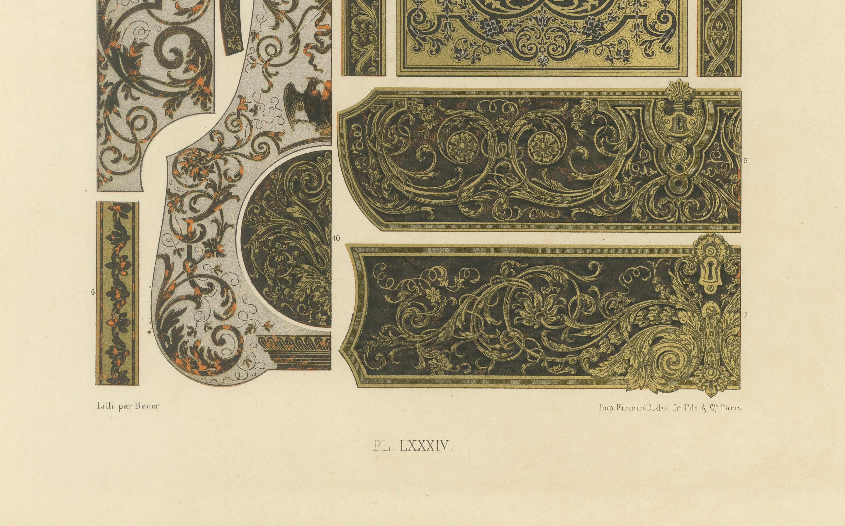 Panneaux décoratifs français du 17e au 18e siècle - Rinceaux et incrustations dorés, planche LXXXIV

Cette chromolithographie raffinée, planche LXXXIV de *L'Ornement Polychrome*, présente un ensemble exceptionnel de panneaux décoratifs français des
