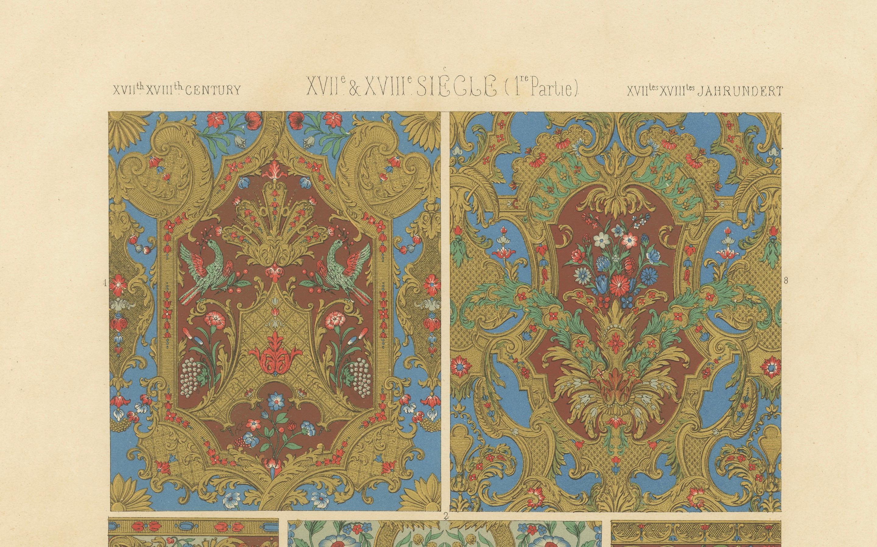 Dessins de textiles et de papiers peints décoratifs français des XVIIe et XVIIIe siècles, planche LXXXVI

Cette étonnante chromolithographie, la planche LXXXVI de *L'Ornement Polychrome*, présente une collection de motifs textiles et de papiers