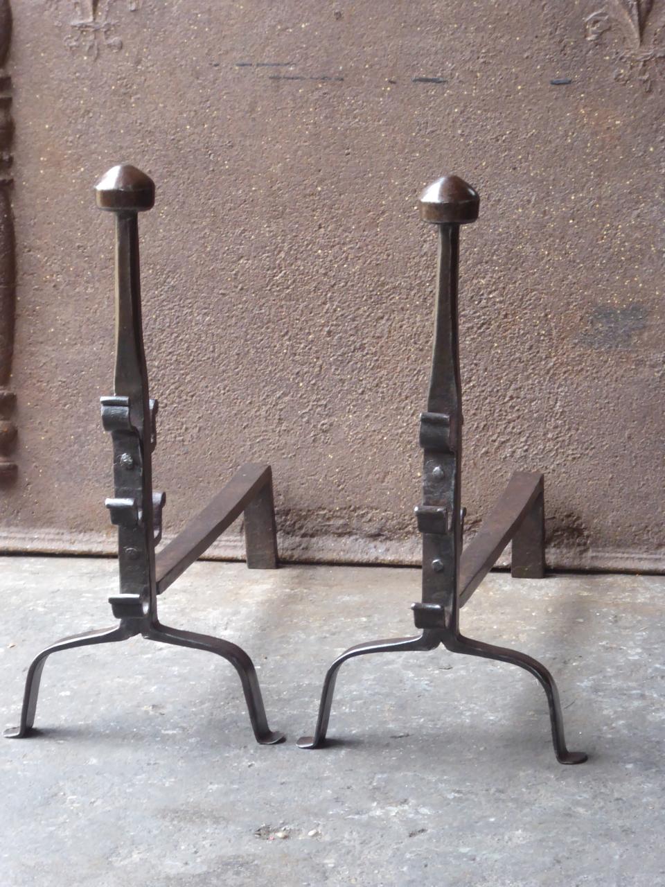 Forged 17th-18th Century French Gothic Andirons or Firedogs