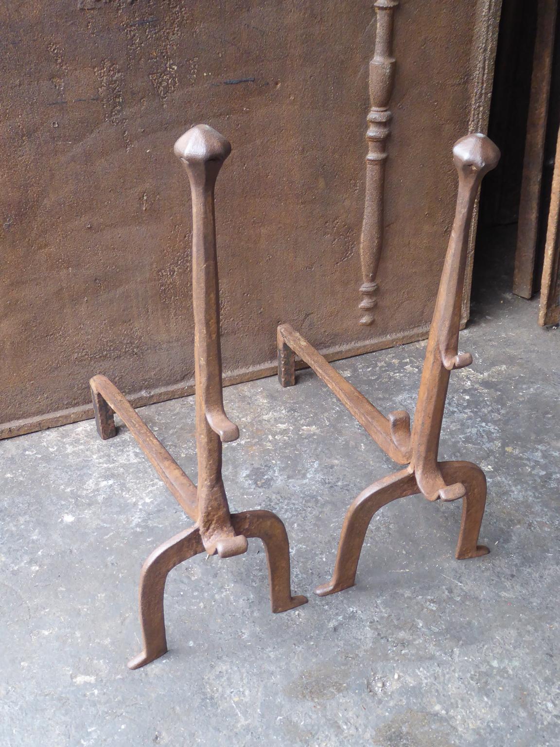Forged 17th-18th Century French Gothic Andirons or Firedogs For Sale