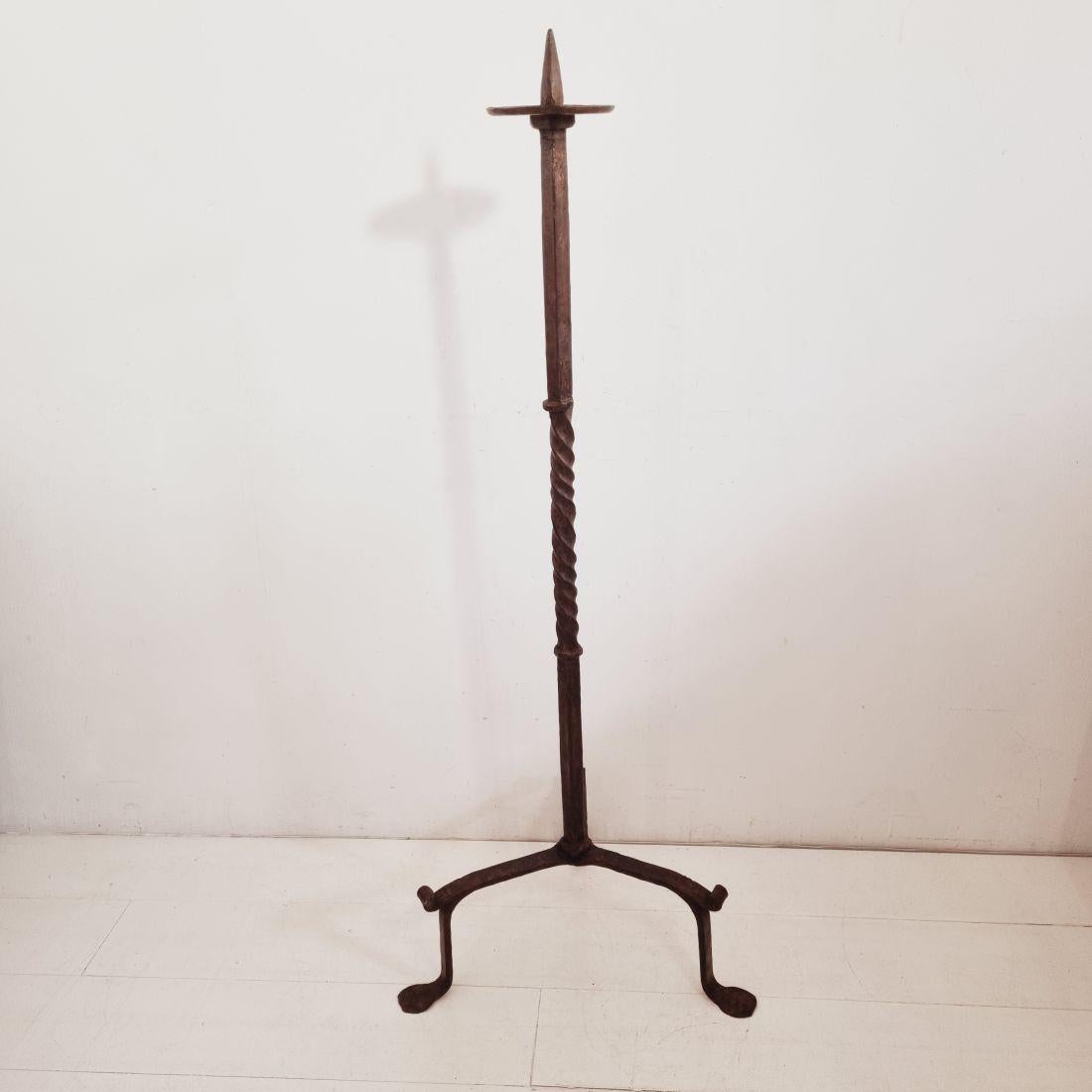 18th Century and Earlier 17th-18th Century French Hand Forged Iron Candleholder For Sale