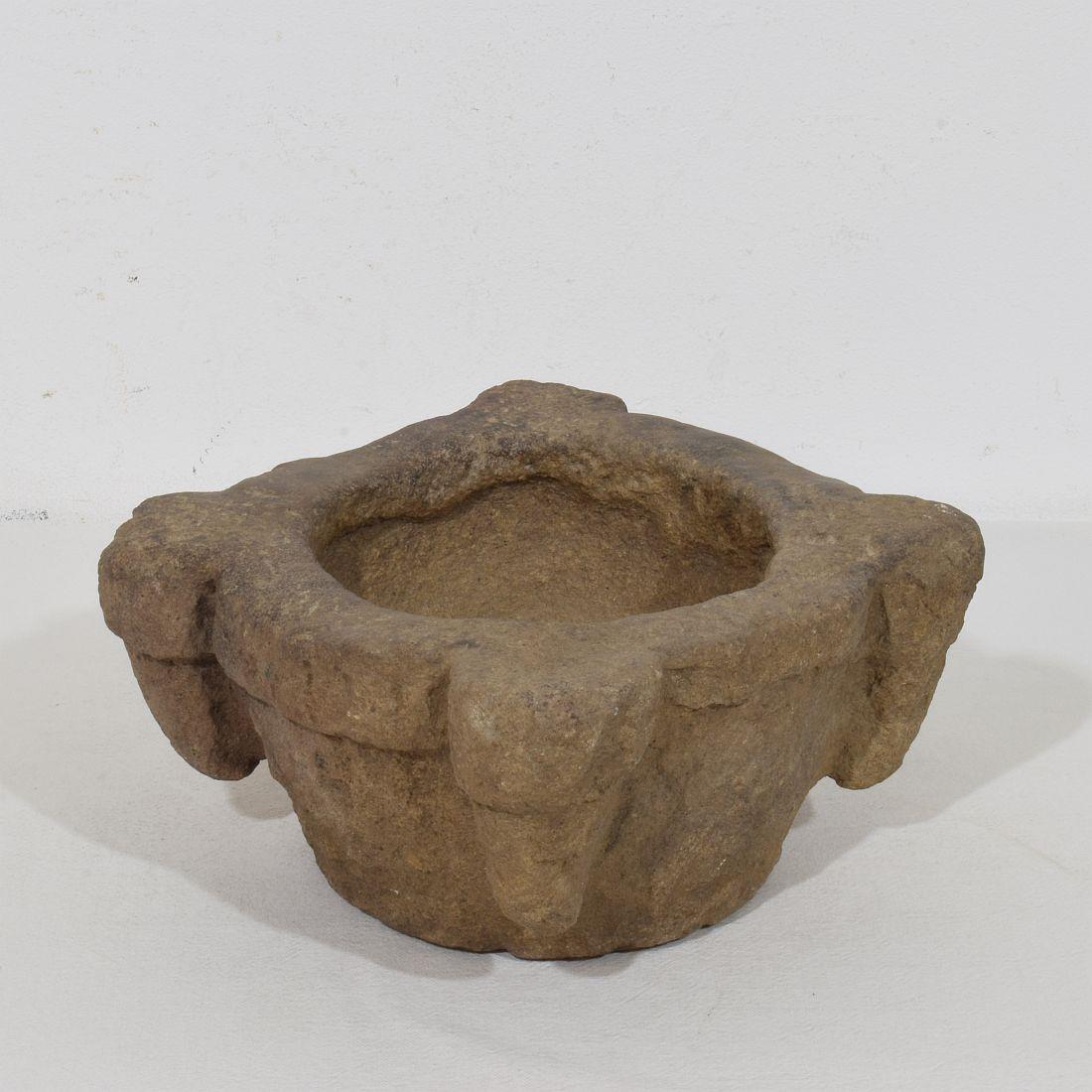 Amazing and very rare sandstone mortar with its wooden pestle, France, circa 1650-1750. Great eyecatcher.
Wonderful weathered condition.
H:11cm  W:25,5cm D:cm h 27 b 6