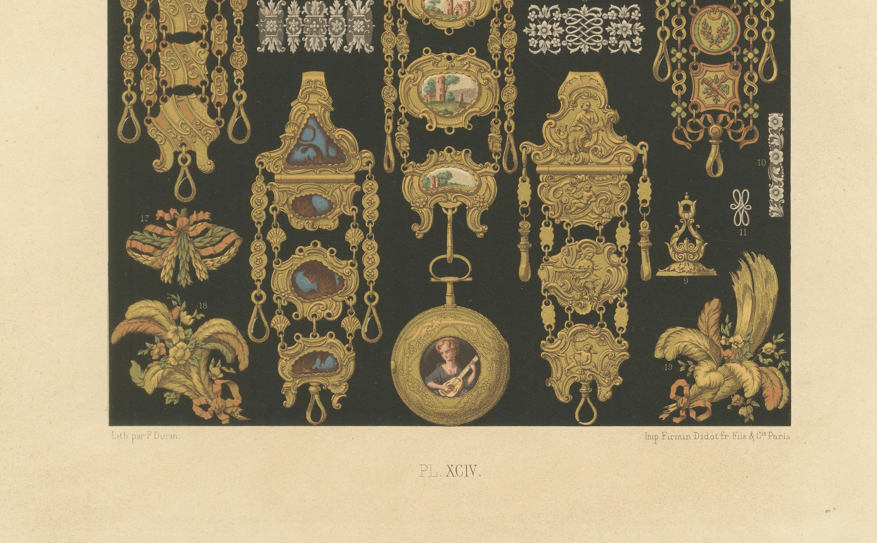 Chaînes de montre et chatelaines françaises du 17e au 18e siècle - Bijoux d'ornement, planche XCIV

Cette étonnante chromolithographie, planche XCIV de *L'Ornement Polychrome*, présente une opulente collection de chaînes de montres, de châtelaines