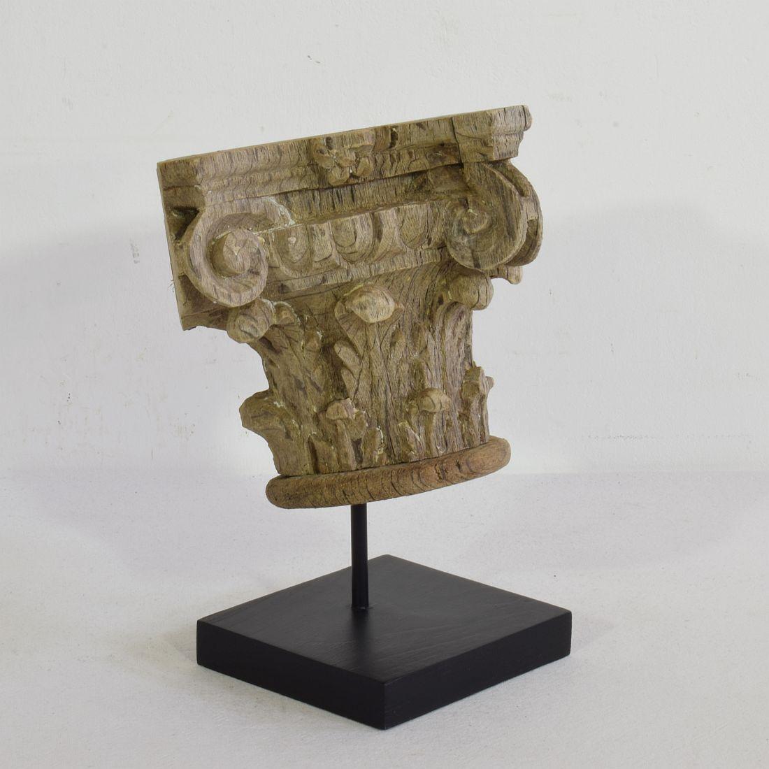 Hand-Carved 17th/ 18th Century French Weathered Oak Capital