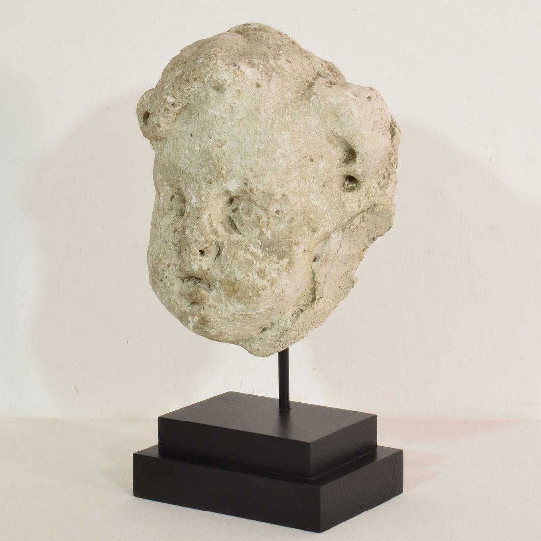 Baroque 17th-18th Century French Weathered Stucco/ Stone Paste Fragment of an Angel Head