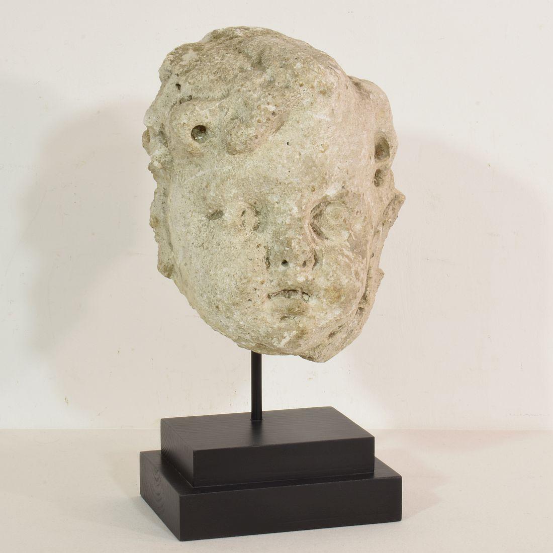Hand-Crafted 17th-18th Century French Weathered Stucco/ Stone Paste Fragment of an Angel Head