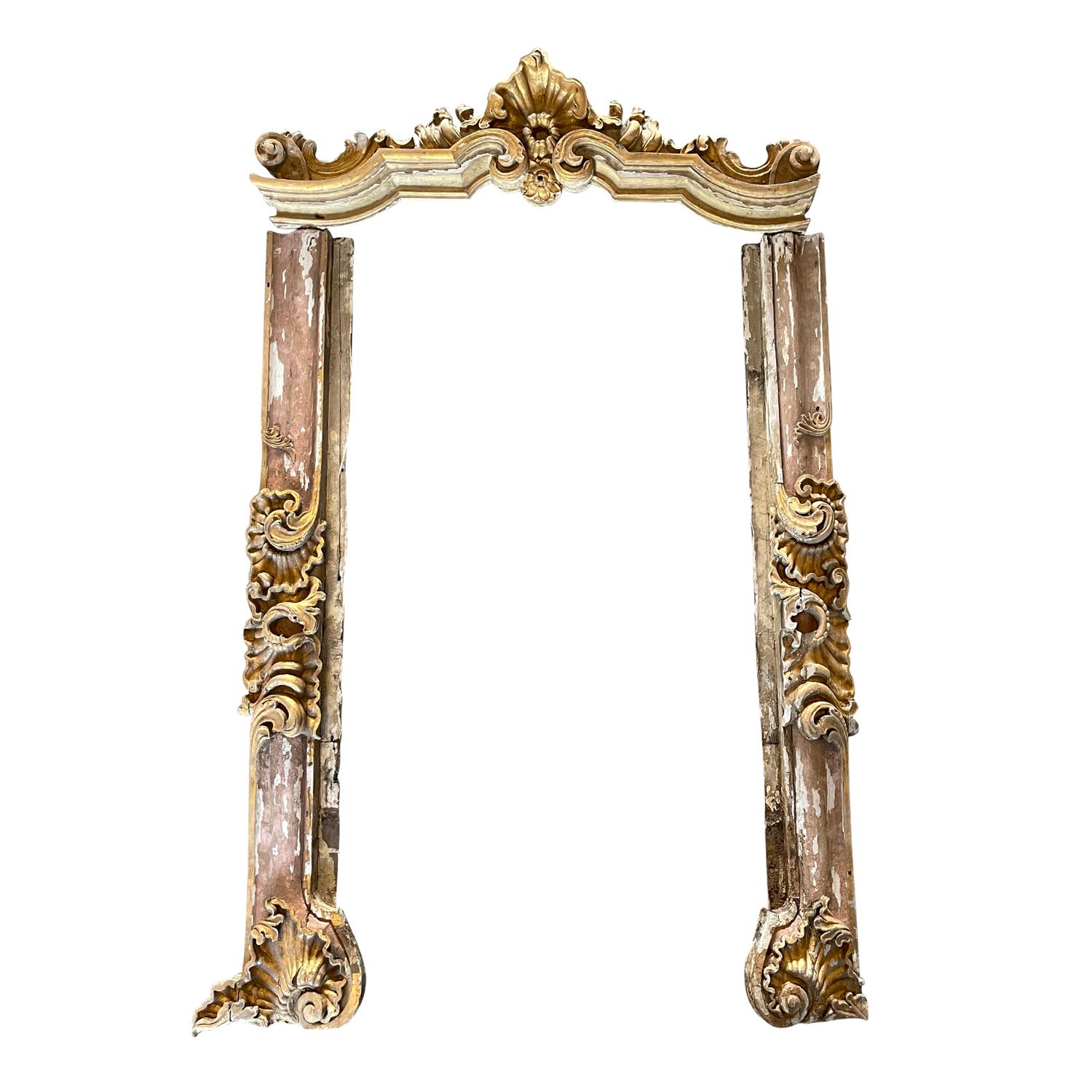 A Portuguese Baroque architectural wall frame with intricate scroll details, original painted patina, in good condition. Wear consistent with age and use. Circa 17th - 18th Century, Portugal. 

Interior: 85