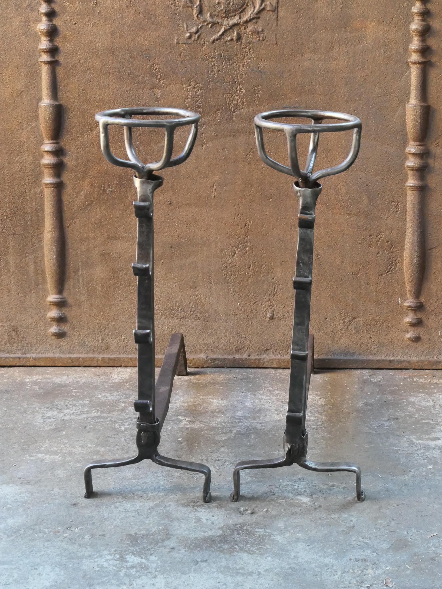 Forged 17th - 18th Century Gothic Large French Andirons For Sale