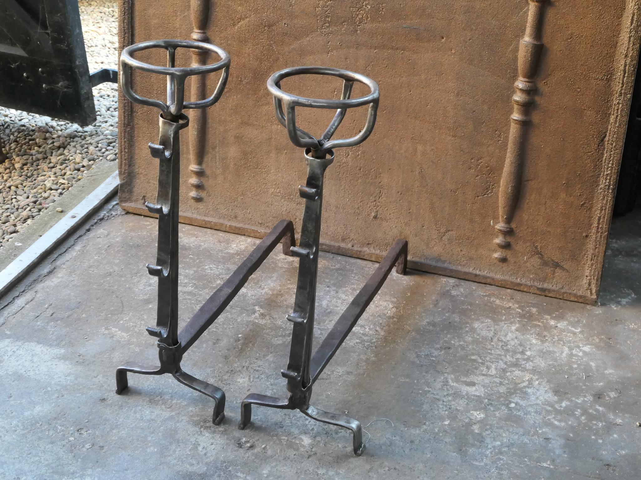 Wrought Iron 17th - 18th Century Gothic Large French Andirons For Sale